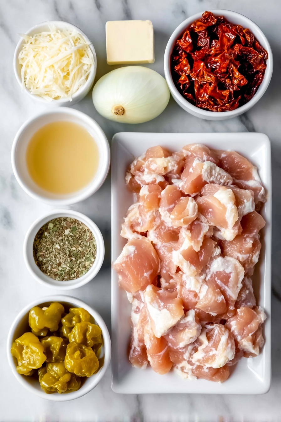 Creamy Pepperoncini Chicken Skillet, pepperoncini chicken, easy chicken skillet recipe, healthy chicken dinner, quick weeknight chicken dinner - Flat lay of fresh raw chicken strips, a small pat of butter, a whole white onion diced beside it, a few garlic cloves diced, a small white bowl of pale golden chicken stock, a small white bowl of sliced roasted red peppers, a small white bowl of heavy cream, a small pile of shredded parmesan cheese, a small white bowl of Italian seasoning herbs, a small white bowl filled with bright yellow-green whole pepperoncini peppers, all arranged with perfect symmetry on a clean white marble surface, soft natural light, photo taken with an iPhone, professional food photography style, fresh ingredients, white ceramic bowls, no bottles, no duplicates, no utensils, no packaging --ar 2:3 --v 7 --p m7354615311229779997