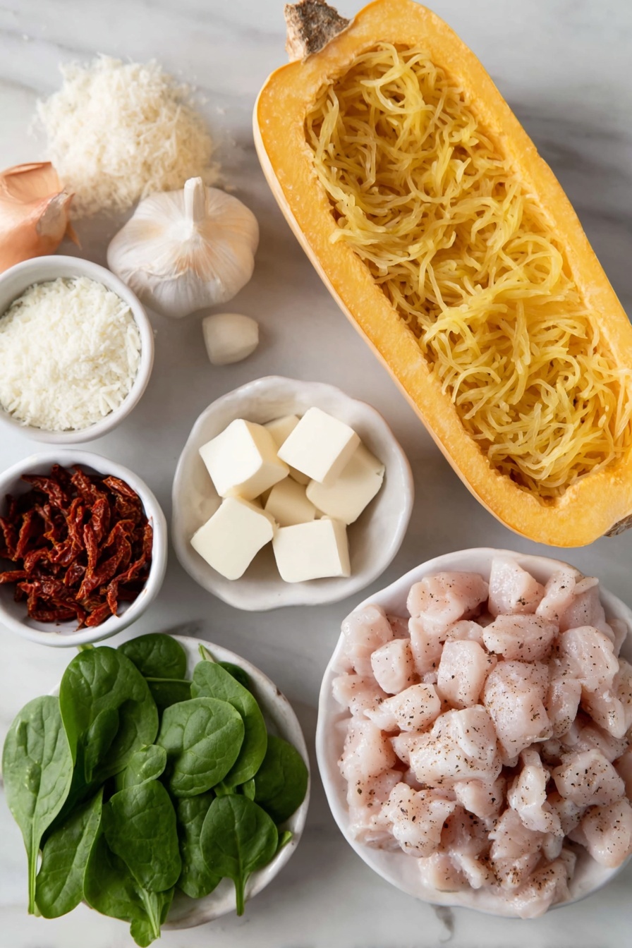 Tuscan Chicken Spaghetti Squash, healthy chicken spaghetti squash, creamy chicken squash skillet, easy Tuscan chicken recipe, low-carb spaghetti squash dishes - Flat lay of a medium whole spaghetti squash cut in half showing its seeds, a pile of bite-sized raw boneless skinless chicken pieces seasoned with salt, pepper, and Italian seasoning, two tablespoons of butter shaped into neat pats, four whole peeled garlic cloves, one whole shallot unpeeled, a small white ceramic bowl with thin julienne strips of sun-dried tomatoes, a small white ceramic bowl filled with heavy cream, a small white ceramic bowl with grated Parmesan cheese, a handful of fresh baby spinach leaves, a few sprigs of fresh parsley all arranged symmetrically on a clean white marble surface, soft natural light, photo taken with an iPhone, professional food photography style, fresh ingredients, white ceramic bowls, no bottles, no duplicates, no utensils, no packaging --ar 2:3 --v 7 --p m7354615311229779997
