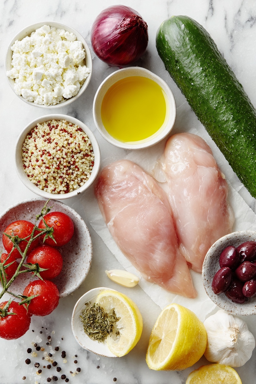 Greek Chicken Quinoa Bowl, healthy Greek bowl, Mediterranean chicken quinoa, bright and flavorful grain bowl, easy Greek-inspired dinner - Flat lay of a small heap of uncooked quinoa grains, four raw boneless skinless chicken breasts with a natural pink tone, one whole English cucumber with deep green skin, four ripe Roma tomatoes with bright red skin, one medium red onion with smooth purple outer layers, a small white ceramic bowl of crumbled white feta cheese, a small white ceramic bowl of dark purple kalamata olives, two whole lemons—one cut in half showing juicy pulp, a small white ceramic bowl of golden olive oil, a small white ceramic bowl of light amber honey, one whole garlic bulb with papery white skin beside a few minced garlic cloves, a small white ceramic bowl with dried green oregano leaves, a small white ceramic bowl with dried light green basil leaves, a small white ceramic bowl of coarse kosher salt, a small white ceramic bowl of whole black peppercorns placed on a clean white marble surface, soft natural light, photo taken with an iPhone, professional food photography style, fresh ingredients, white ceramic bowls, no bottles, no duplicates, no utensils, no packaging --ar 2:3 --v 7 --p m7354615311229779997