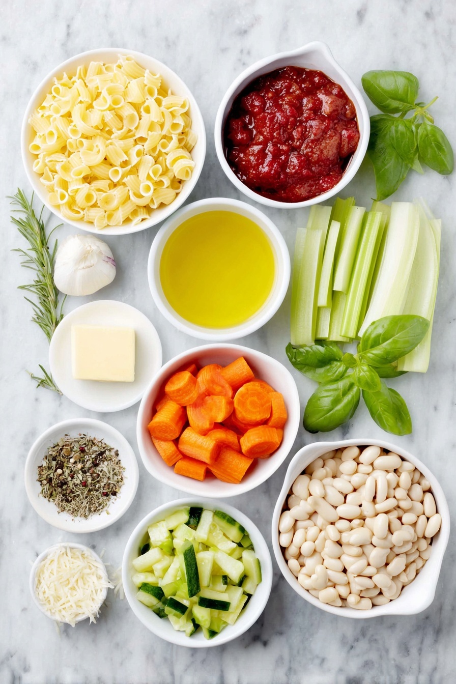 Hearty Minestrone Soup with Pasta and Beans, hearty minestrone soup, healthy vegetable soup, comforting Italian soup, easy minestrone recipe - Flat lay of a small pool of golden olive oil in a white ceramic bowl, a small pat of pale yellow butter on a white plate, one medium yellow onion quartered, two bright green celery sticks trimmed, three peeled and sliced vibrant orange carrots arranged neatly, three cloves of fresh white garlic, a small white bowl filled with deep red crushed tomatoes, another white bowl with clear golden chicken broth, one small green zucchini diced, a handful of fresh green beans cut, a small white bowl holding dark red kidney beans, a separate white bowl with creamy white cannellini beans, a scattering of dried Italian herb leaves, three quarters cup of uncooked elbow macaroni pasta, a few coarse grains of sea salt and cracked black peppercorns in a small white bowl, sprigs of fresh bright green basil, and a small heap of finely grated pale yellow parmesan cheese all positioned with perfect symmetry and natural proportions, placed on a clean white marble surface, soft natural light, photo taken with an iPhone, professional food photography style, fresh ingredients, white ceramic bowls, no bottles, no duplicates, no utensils, no packaging --ar 2:3 --v 7 --p m7354615311229779997