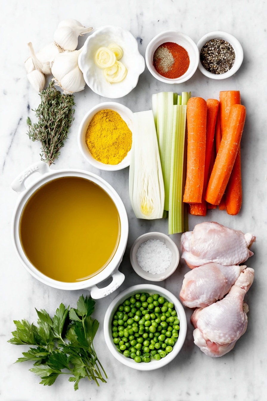 Turmeric Chicken Soup, healthy turmeric soup, anti-inflammatory soup, comforting chicken soup, golden turmeric broth - Flat lay of a small white ceramic bowl of golden olive oil, a medium whole yellow onion diced, a halved large leek showing white and light green parts thinly sliced, three fresh bright orange carrots thinly sliced, three crisp green celery stalks thinly sliced, three whole uncracked garlic cloves, a small white ceramic bowl with bright yellow turmeric powder, a small white ceramic bowl with a warm brown poultry seasoning blend, a large white ceramic bowl filled with rich golden chicken broth, a large white ceramic bowl with smooth white coconut milk, two raw boneless skinless chicken thighs with natural pinkish hue, a small white ceramic bowl of vibrant green frozen peas, a small bunch of fresh parsley with bright green leaves, a small white ceramic bowl of coarse kosher salt, a small white ceramic bowl of freshly ground black pepper placed on a clean white marble surface, soft natural light, photo taken with an iPhone, professional food photography style, fresh ingredients, white ceramic bowls, no bottles, no duplicates, no utensils, no packaging --ar 2:3 --v 7 --p m7354615311229779997