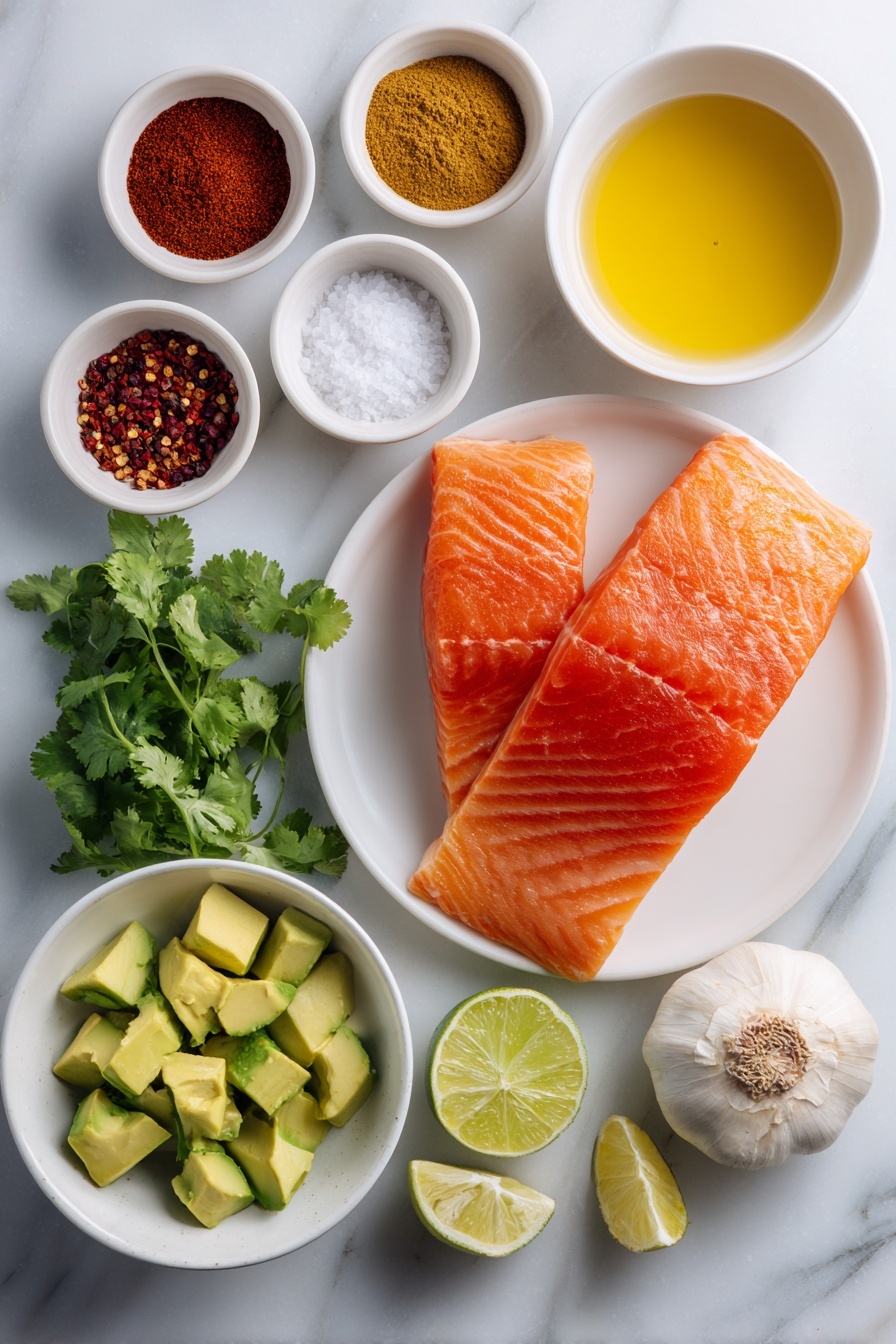 Spice Rubbed Salmon with Avocado Salsa, flavorful salmon dish, easy fish recipes, quick healthy dinner, smoky salmon with avocado salsa - Flat lay of a fresh salmon filet with bright orange-pink flesh and smooth skin, a small white bowl of smoked paprika powder in deep red color, a small white bowl of ground cumin in warm brown, a small white bowl of garlic powder in pale off-white, a small white bowl with coarse salt crystals, a small white bowl containing golden olive oil, a small white bowl with amber honey, three ripe green avocados diced into chunky cubes, a small bunch of fresh cilantro with vibrant green leaves, a small white bowl filled with clear pale red wine vinegar, a small white bowl holding bright green lime juice, a small white bowl with fiery red pepper flakes, a single whole garlic bulb with clean white papery skin, and a small white bowl with additional salt crystals, all carefully arranged in a perfectly symmetrical, realistic proportion flat lay, placed on a clean white marble surface, soft natural light, photo taken with an iPhone, professional food photography style, fresh ingredients, white ceramic bowls, no bottles, no duplicates, no utensils, no packaging --ar 2:3 --v 7 --p m7354615311229779997