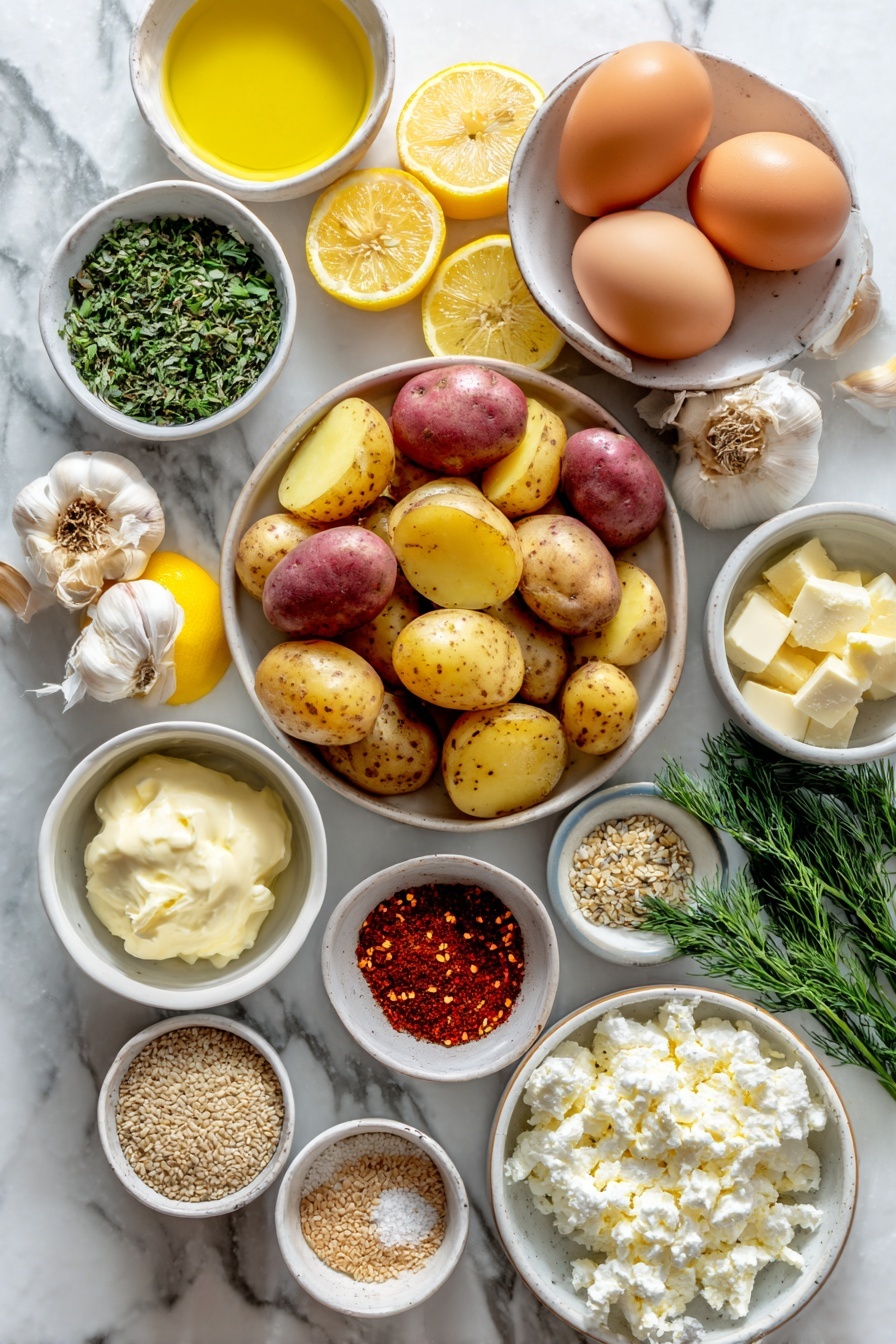 Crispy Oregano Roasted Potatoes with Feta Sauce, roasted potato sides, savory potato recipes, feta cheese dipping sauce, flavorful roasted potatoes - Flat lay of halved mixed baby potatoes with their natural skin colors, quartered fresh lemon wedges with bright yellow rinds and juicy interiors, whole garlic cloves with their smooth white papery skins slightly smashed, a small white ceramic bowl filled with chopped fresh oregano leaves, a small white ceramic bowl holding vibrant mixed chopped herbs of basil, dill, and parsley, two whole uncracked brown eggs, a small white ceramic bowl of golden extra virgin olive oil, a small white ceramic bowl of creamy white crumbled feta cheese, a small white ceramic bowl with soft cream cheese, a small white ceramic bowl containing bright yellow honey, a small white ceramic bowl filled with pale beige sesame seeds, a small white ceramic bowl with deep red chili flakes, a small white ceramic bowl with smoky paprika powder, and a small white ceramic bowl of coarse kosher salt — all perfectly arranged in balanced symmetry on a clean white marble surface, soft natural light, photo taken with an iPhone, professional food photography style, fresh ingredients, white ceramic bowls, no bottles, no duplicates, no utensils, no packaging --ar 2:3 --v 7 --p m7354615311229779997