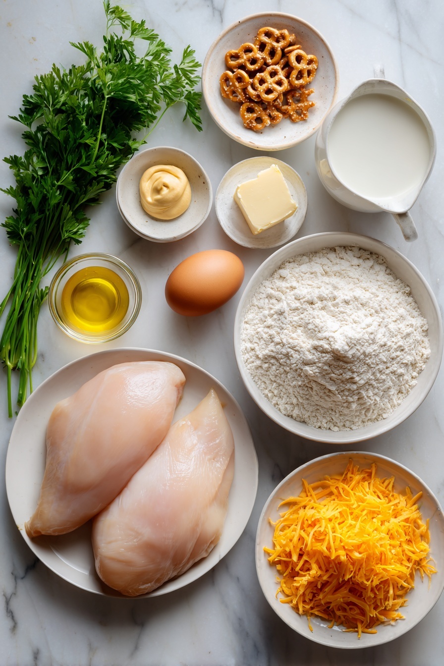 Pretzel Crusted Chicken with Cheese Sauce, crunchy pretzel chicken, cheese sauce chicken recipe, crispy chicken with cheese, easy pretzel chicken - Flat lay of two raw boneless skinless chicken breasts, a small pile of crushed salted pretzels, a small mound of plain white flour, a small white bowl with whole uncracked brown egg, a small white bowl of neutral clear oil, a few sprigs of fresh green parsley, a small white bowl of pale yellow butter, a small white bowl of smooth Dijon mustard, a small white bowl of fresh white milk, a small pile of shredded bright orange cheddar cheese, all arranged symmetrically with balanced proportions on simple white ceramic dishes and bowls, placed on a clean white marble surface, soft natural light, photo taken with an iPhone, professional food photography style, fresh ingredients, white ceramic bowls, no bottles, no duplicates, no utensils, no packaging --ar 2:3 --v 7 --p m7354615311229779997