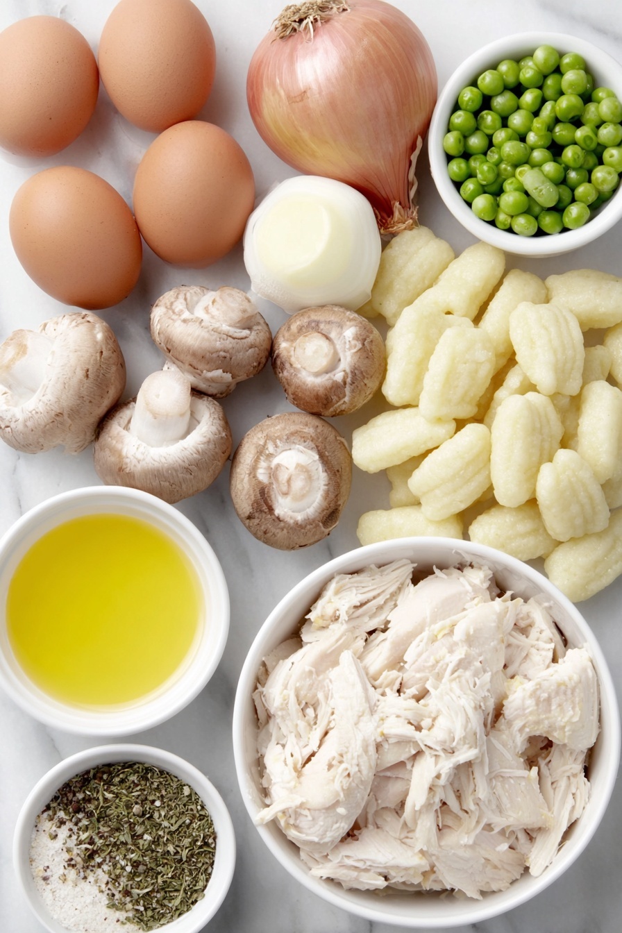 One Pot Gnocchi Chicken Pot Pie, easy chicken pot pie with gnocchi, comforting one pot chicken dinner, creamy chicken and gnocchi recipe, quick weeknight comfort food - Flat lay of fresh whole uncracked eggs with clean shells, sliced orange carrots, thinly sliced green celery ribs, sliced white and brown mushrooms, a whole large shallot with some chopped pieces, fresh garlic cloves, small white ceramic bowl of golden melted butter, small white ceramic bowl with creamy almond milk, small white ceramic bowl with chicken broth, raw uncooked light yellow gluten free gnocchi, cooked shredded white chicken breast, small white ceramic bowl of bright green frozen peas, small white ceramic bowl with a mix of poultry seasoning and dried thyme, simple homemade seasoning salt and coarse black pepper sprinkled lightly on the surface, all ingredients arranged symmetrically and balanced, placed on a clean white marble surface, soft natural light, photo taken with an iPhone, professional food photography style, fresh ingredients, white ceramic bowls, no bottles, no duplicates, no utensils, no packaging --ar 2:3 --v 7 --p m7354615311229779997