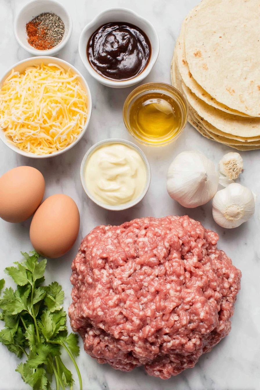 Garlic Honey BBQ Tacos, easy BBQ tacos, flavorful taco recipes, sweet smoky tacos, quick weeknight dinner ideas - Flat lay of a small mound of fresh ground beef, two uncracked brown eggs, two cloves of whole garlic, a small white bowl of golden honey, a small white bowl of dark reddish BBQ sauce, a small white bowl of creamy mayonnaise, a small white bowl of smoked paprika powder, a pinch of coarse salt crystals, a few cracked black peppercorns, six soft corn tortillas stacked neatly, a small pile of shredded bright orange cheddar cheese, and a small bunch of fresh green cilantro sprigs, all arranged symmetrically and naturally placed on a clean white marble surface, soft natural light, photo taken with an iPhone, professional food photography style, fresh ingredients, white ceramic bowls, no bottles, no duplicates, no utensils, no packaging --ar 2:3 --v 7 --p m7354615311229779997