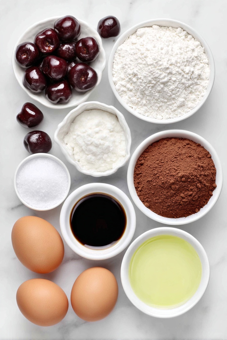 Chocolate Cherry Upside Down Cake, cherry upside down cake, chocolate dessert recipe, easy fruitcake recipe, decadent chocolate cherry cake - Flat lay of fresh pitted cherries scattered next to a small white bowl of granulated sugar and another small white bowl with fine corn starch, a simple white ceramic bowl filled with all purpose flour, a small white bowl holding rich cocoa powder, two whole brown eggs with smooth clean shells, a small white bowl containing soured milk with a slight frothy surface, a small white bowl with brewed black coffee showing dark steam-like surface, a small white bowl of light vegetable oil glistening, and a small white bowl with clear vanilla extract liquid, all ingredients arranged symmetrically on a clean white marble surface, soft natural light, photo taken with an iPhone, professional food photography style, fresh ingredients, white ceramic bowls, no bottles, no duplicates, no utensils, no packaging --ar 2:3 --v 7 --p m7354615311229779997