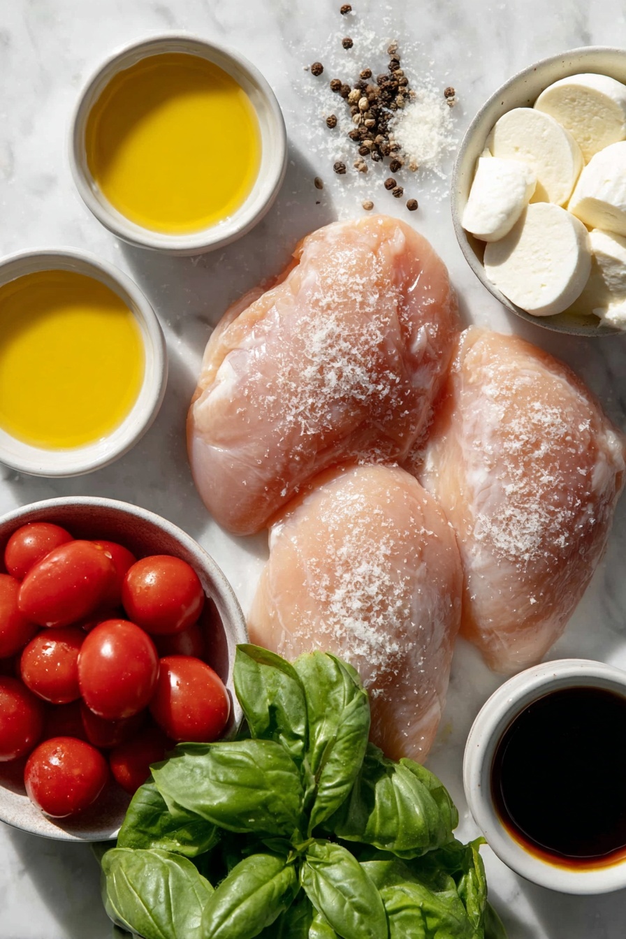 Chicken Caprese Skillet, Chicken Caprese Dinner, Caprese Chicken Recipe, Easy Chicken Skillet, Quick Caprese Chicken - Flat lay of four raw boneless skinless chicken breasts, a few pinches of kosher salt and scattered freshly ground black peppercorns, two small white ceramic bowls each holding golden olive oil, three whole uncracked garlic cloves, a simple white ceramic bowl filled with halved bright red cherry tomatoes, a few large vibrant green basil leaves, several thick slices of fresh white buffalo mozzarella arranged neatly, and a small white ceramic bowl of dark glossy balsamic vinegar, all arranged symmetrically and balanced, placed on a clean white marble surface, soft natural light, photo taken with an iPhone, professional food photography style, fresh ingredients, white ceramic bowls, no bottles, no duplicates, no utensils, no packaging --ar 2:3 --v 7 --p m7354615311229779997