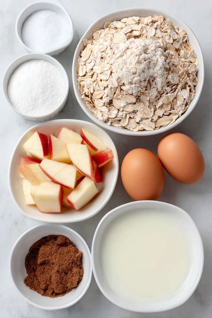 Apple Cinnamon Baked Oatmeal, healthy baked oatmeal, cozy breakfast recipes, easy baked oatmeal with apples, cinnamon oatmeal breakfast - Flat lay of a small mound of old fashioned oats, a small white bowl of white sugar, a small white bowl of packed brown sugar, a small white bowl of baking powder, a small white bowl of ground cinnamon, a small white bowl of table salt, a small white bowl of milk, two whole brown eggs with clean shells, a small white bowl of vanilla extract, a small white bowl of melted salted butter, fresh peeled apple chunks arranged neatly on a simple white ceramic plate, placed on a clean white marble surface, soft natural light, photo taken with an iPhone, professional food photography style, fresh ingredients, white ceramic bowls, no bottles, no duplicates, no utensils, no packaging --ar 2:3 --v 7 --p m7354615311229779997