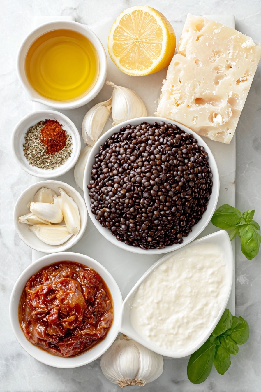 Creamy Lentils with Sun-Dried Tomatoes, Lentil recipe with sun-dried tomatoes, hearty creamy lentil dish, savory vegan lentils, comforting lentil dinner - Flat lay of a small mound of dry black lentils, a small white ceramic bowl of deep red tomato paste, a handful of chopped sun dried tomatoes, a small white bowl with golden oil from sundried tomatoes, a small red onion whole and unpeeled, six whole uncracked garlic cloves arranged neatly, a small white bowl of fennel seeds, a small white bowl holding smoked paprika powder, a small white bowl filled with Italian seasoning herbs, a small white bowl of vegetable stock, a small white bowl of thick heavy cream, a wedge of lemon showing bright yellow peel and juicy interior, a small bunch of fresh green basil leaves, a block of Italian hard cheese with a fine grater beside it on white ceramic plate—all ingredients fresh and natural, balanced perfectly with symmetry, placed on a clean white marble surface, soft natural light, photo taken with an iPhone, professional food photography style, fresh ingredients, white ceramic bowls, no bottles, no duplicates, no utensils, no packaging --ar 2:3 --v 7 --p m7354615311229779997