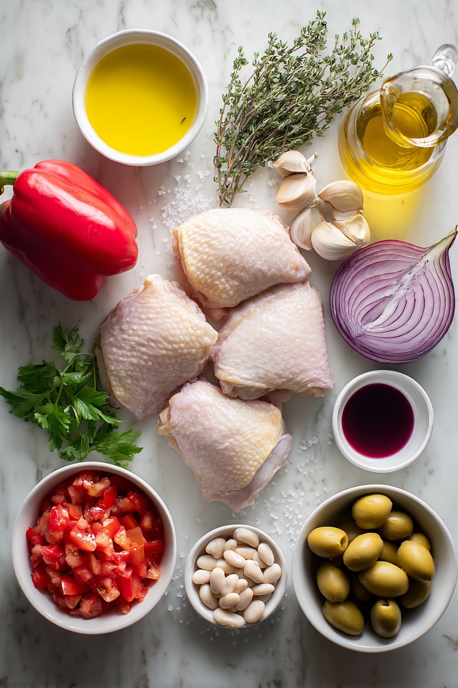 Spanish Chicken in Bravas Sauce, Spanish chicken recipe, Bravas sauce chicken, Spanish-inspired chicken dish, flavorful chicken dinner - Flat lay of fresh raw chicken thighs with smooth skin, a small mound of coarse sea salt crystals, a white ceramic bowl with bright golden olive oil, a whole red bell pepper sliced lengthwise showing its seeds, a chopped yellow onion with white and purple layers, a few fresh thyme sprigs with tiny green leaves, several garlic cloves sliced thinly, a small white bowl filled with vibrant chopped red tomatoes, a small white bowl of clear water, a small white bowl holding deep red wine vinegar, a small white bowl filled with plump white cannellini beans, a small white bowl with shiny green olives, and a few sprigs of fresh flat-leaf parsley with bright green leaves, all arranged symmetrically on a clean white marble surface, soft natural light, photo taken with an iPhone, professional food photography style, fresh ingredients, white ceramic bowls, no bottles, no duplicates, no utensils, no packaging --ar 2:3 --v 7 --p m7354615311229779997