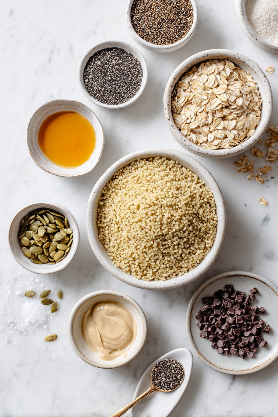 Quinoa Breakfast Cookies, healthy breakfast cookies, easy quinoa snack, wholesome breakfast treats, gluten-free breakfast ideas - Flat lay of cooked fluffy quinoa grains in a simple white ceramic bowl, a small pile of rolled oats on a white ceramic plate, raw pumpkin seeds scattered neatly on a white ceramic dish, a small white bowl filled with hulled hemp seeds, a small white bowl holding shiny black chia seeds, creamy thick tahini in a small white bowl showing a drippy texture, a small white bowl of golden maple syrup, a pinch of sea salt grains arranged delicately on a white ceramic spoon-shaped dish, a small heap of semisweet chocolate chips on a white ceramic plate, all placed on a clean white marble surface, soft natural light, photo taken with an iPhone, professional food photography style, fresh ingredients, white ceramic bowls, no bottles, no duplicates, no utensils, no packaging --ar 2:3 --v 7 --p m7354615311229779997