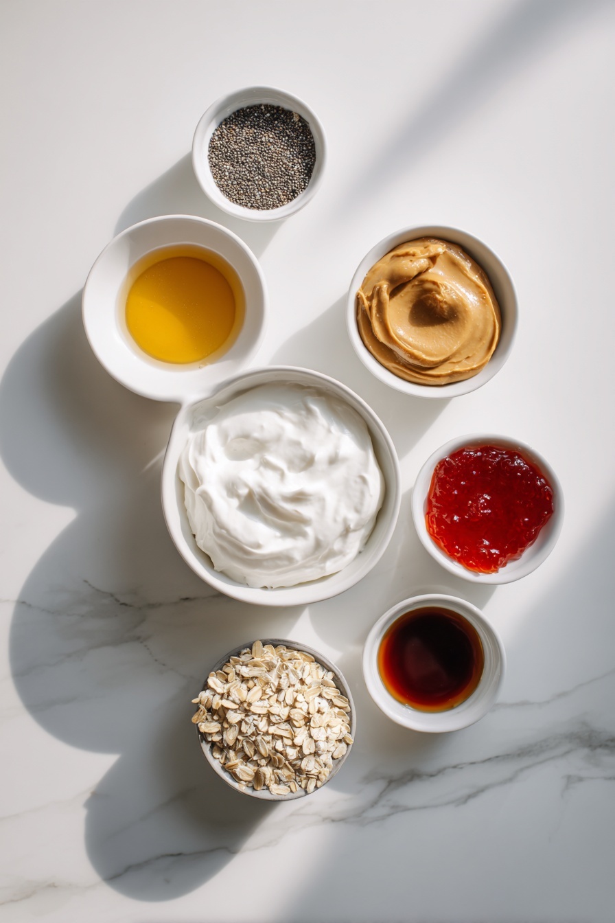 Peanut Butter and Jelly Overnight Oats, healthy breakfast ideas, easy overnight oats, nutritious breakfast recipes, kid-friendly breakfast options - Flat lay of a small mound of creamy plain Greek yogurt, a small white bowl filled with smooth almond milk, a small white bowl holding rich, creamy peanut butter, a small white bowl with golden honey glistening under natural light, a small white bowl containing pure vanilla extract, a neat pile of old fashioned oats, a small white bowl with tiny black chia seeds, and a small white bowl with glossy red jelly or jam, all arranged in perfect symmetry on a clean white ceramic surface, placed on a clean white marble surface, soft natural light, photo taken with an iPhone, professional food photography style, fresh ingredients, white ceramic bowls, no bottles, no duplicates, no utensils, no packaging --ar 2:3 --v 7 --p m7354615311229779997
