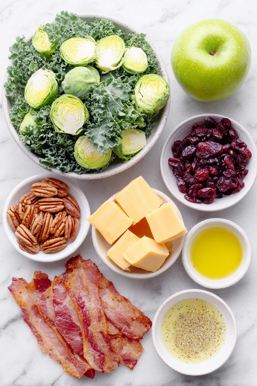 Brussels Sprout Kale Apple Salad, healthy fall salad, crunchy vegetable salad, easy healthy green salad, bacon and cheese kale salad - Flat lay of thinly shaved fresh Brussels sprouts, loosely piled fresh dark green kale leaves sliced into ribbons, a whole bright green Granny Smith apple cut to reveal crisp white interior, roughly chopped toasted pecans, a small pile of deep red dried cranberries, neat cubes of sharp orange cheddar cheese, five cooked crispy bacon strips crumbled, a small minced shallot mound, three small white ceramic bowls containing extra virgin olive oil, apple cider vinegar, and a honey-mustard vinaigrette with visible mustard seeds, all arranged with perfect symmetry and balanced proportions, placed on a clean white marble surface, soft natural light, photo taken with an iPhone, professional food photography style, fresh ingredients, white ceramic bowls, no bottles, no duplicates, no utensils, no packaging --ar 2:3 --v 7 --p m7354615311229779997