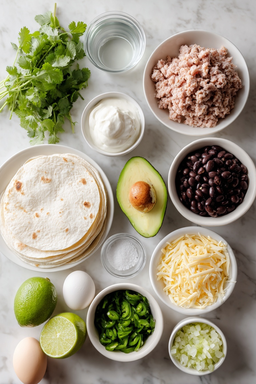 Crispy Ground Turkey Tacos with Avocado Sauce, ground turkey taco recipes, baked taco shells, quick healthy taco ideas, dinner recipes with avocado sauce - Flat lay of a halved ripe avocado with bright green flesh, a small mound of creamy white sour cream in a simple white ceramic bowl, a small white bowl filled with fresh vibrant cilantro leaves, a fresh lime cut in half showing juicy segments, a small white bowl containing fine kosher salt, a small white bowl with clear water, a few whole uncracked brown eggs with smooth shells, a portion of raw lean ground turkey in a neat pile, a small white bowl of finely chopped yellow onion, a small white bowl with shiny black beans, a small white bowl of diced green chiles, a small pile of finely chopped fresh cilantro, six soft white flour tortillas stacked evenly, and a neat mound of shredded Monterey Jack cheese all arranged symmetrically and balanced on a clean white marble surface, soft natural light, photo taken with an iPhone, professional food photography style, fresh ingredients, white ceramic bowls, no bottles, no duplicates, no utensils, no packaging --ar 2:3 --v 7 --p m7354615311229779997