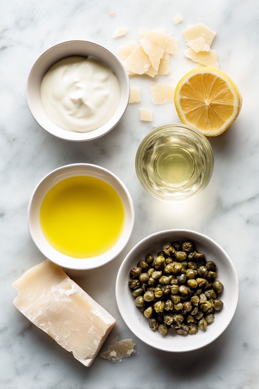 Lemon Caper Sauce for Pasta and Fish, lemon caper sauce, easy lemon sauce for seafood, quick pasta sauce recipe, versatile lemon caper sauce - Flat lay of a small cluster of fresh green capers, a wedge of pale yellow parmesan with a few shavings scattered nearby, a small white ceramic bowl filled with rich heavy cream, a small white ceramic bowl holding bright yellow freshly squeezed lemon juice, and a small white ceramic bowl containing clear, pale golden white wine, all arranged symmetrically on a clean white marble surface, soft natural light, photo taken with an iPhone, professional food photography style, fresh ingredients, white ceramic bowls, no bottles, no duplicates, no utensils, no packaging --ar 2:3 --v 7 --p m7354615311229779997