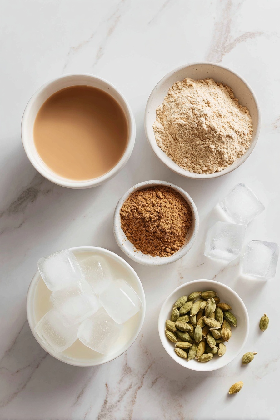 Vanilla Chai Protein Shake, Vanilla Chai Protein Shake recipe, healthy chai protein shake, easy vanilla protein smoothie, cozy chai protein drink - Flat lay of a small mound of smooth vanilla protein powder, a simple white ceramic bowl filled with amber chai tea, a small white bowl with warm brown ground nutmeg, another small white bowl containing light green whole cardamom pods, a white ceramic bowl with creamy unsweetened almond milk, and a cluster of clear ice cubes neatly arranged—each ingredient fresh and natural, perfectly spaced and balanced, placed on a clean white marble surface, soft natural light, photo taken with an iPhone, professional food photography style, fresh ingredients, white ceramic bowls, no bottles, no duplicates, no utensils, no packaging --ar 2:3 --v 7 --p m7354615311229779997