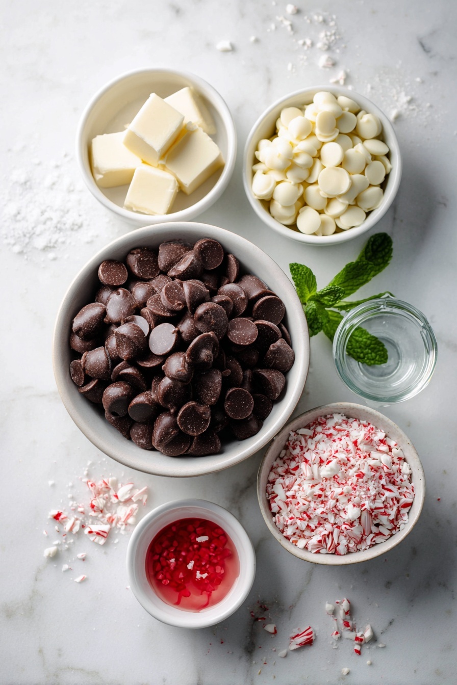 Peppermint Swirl Fudge, peppermint fudge recipe, holiday fudge recipes, chocolate peppermint fudge, festive fudge treats - Flat lay of a simple white ceramic bowl filled with glossy semi-sweet chocolate chips, a small white bowl holding unsalted butter chunks, a small white bowl with thick sweetened condensed milk, a clean glass vial of peppermint extract (exclude since no bottles allowed—replace with a sprig of fresh peppermint leaves), a pinch of salt crystals scattered neatly, a separate simple white ceramic bowl filled with smooth white chocolate chips, a tiny white bowl containing vibrant red gel food coloring drops, a small white bowl with crushed red and white peppermint candies, all arranged symmetrically and naturally on a clean white marble surface, soft natural light, photo taken with an iPhone, professional food photography style, fresh ingredients, white ceramic bowls, no bottles, no duplicates, no utensils, no packaging --ar 2:3 --v 7 --p m7354615311229779997