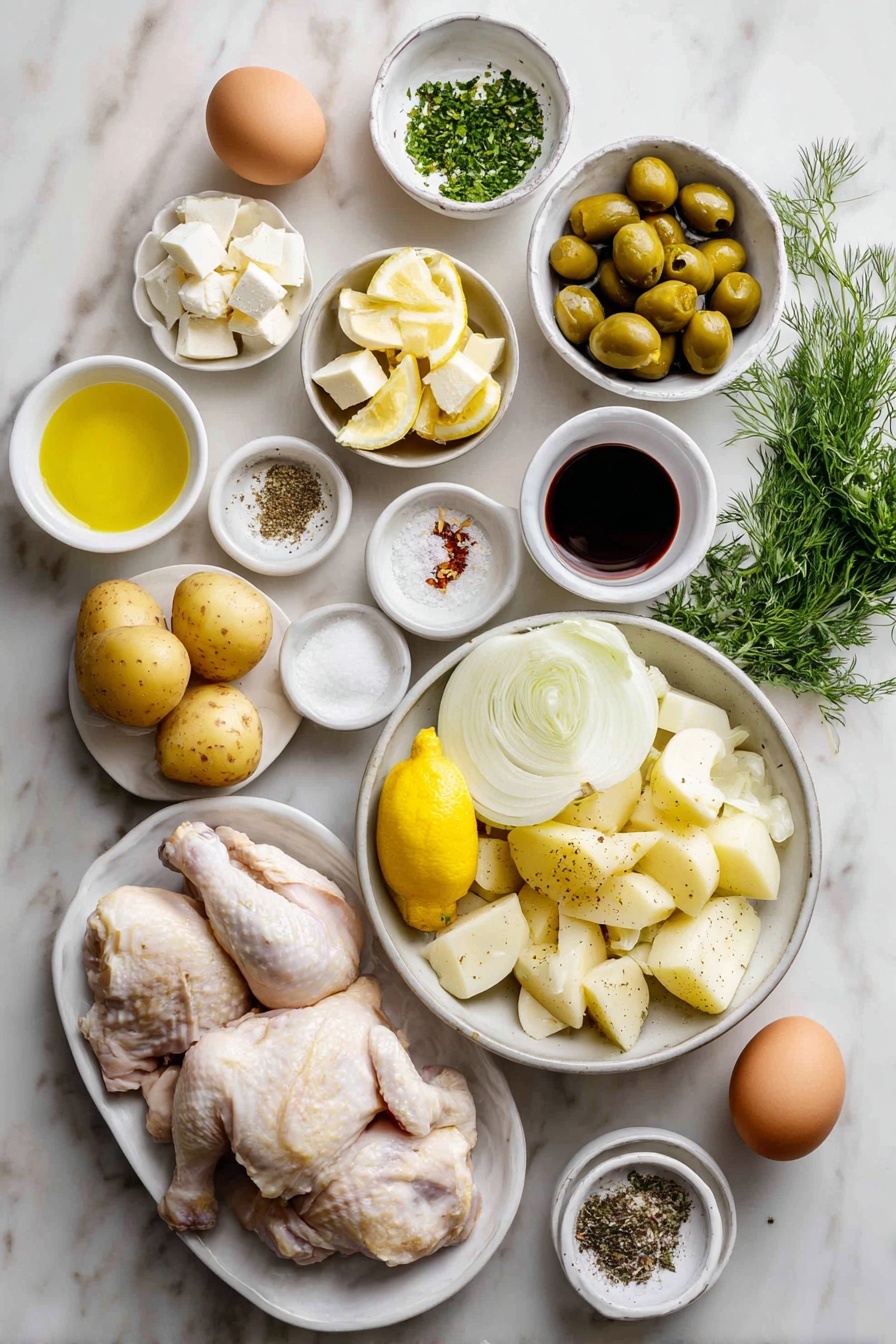 Sheet Pan Greek Garlic Chicken and Potatoes, Greek garlic chicken bake, easy Greek sheet pan dinner, healthy Greek chicken recipe, flavorful chicken and potatoes - Flat lay of halved baby potatoes, whole raw chicken thighs with skin, a halved lemon and lemon slices, a small white bowl of extra virgin olive oil, a small white bowl of red wine vinegar, whole yellow onion sliced into rings, a small mound of cubed feta cheese, a small white bowl of mixed green olives torn, a small white bowl of chopped pepperoncini, a small pile of chopped fresh parsley, oregano, and dill, whole shallot chopped, lightly smashed whole garlic cloves, sliced salted butter pieces, small piles of dried oregano and smoked paprika, whole uncracked brown eggs for natural color balance, coarse kosher salt and black pepper sprinkled artistically, arranged symmetrically on a simple white ceramic plate and bowls placed on a clean white marble surface, soft natural light, photo taken with an iPhone, professional food photography style, fresh ingredients, white ceramic bowls, no bottles, no duplicates, no utensils, no packaging --ar 2:3 --v 7 --p m7354615311229779997