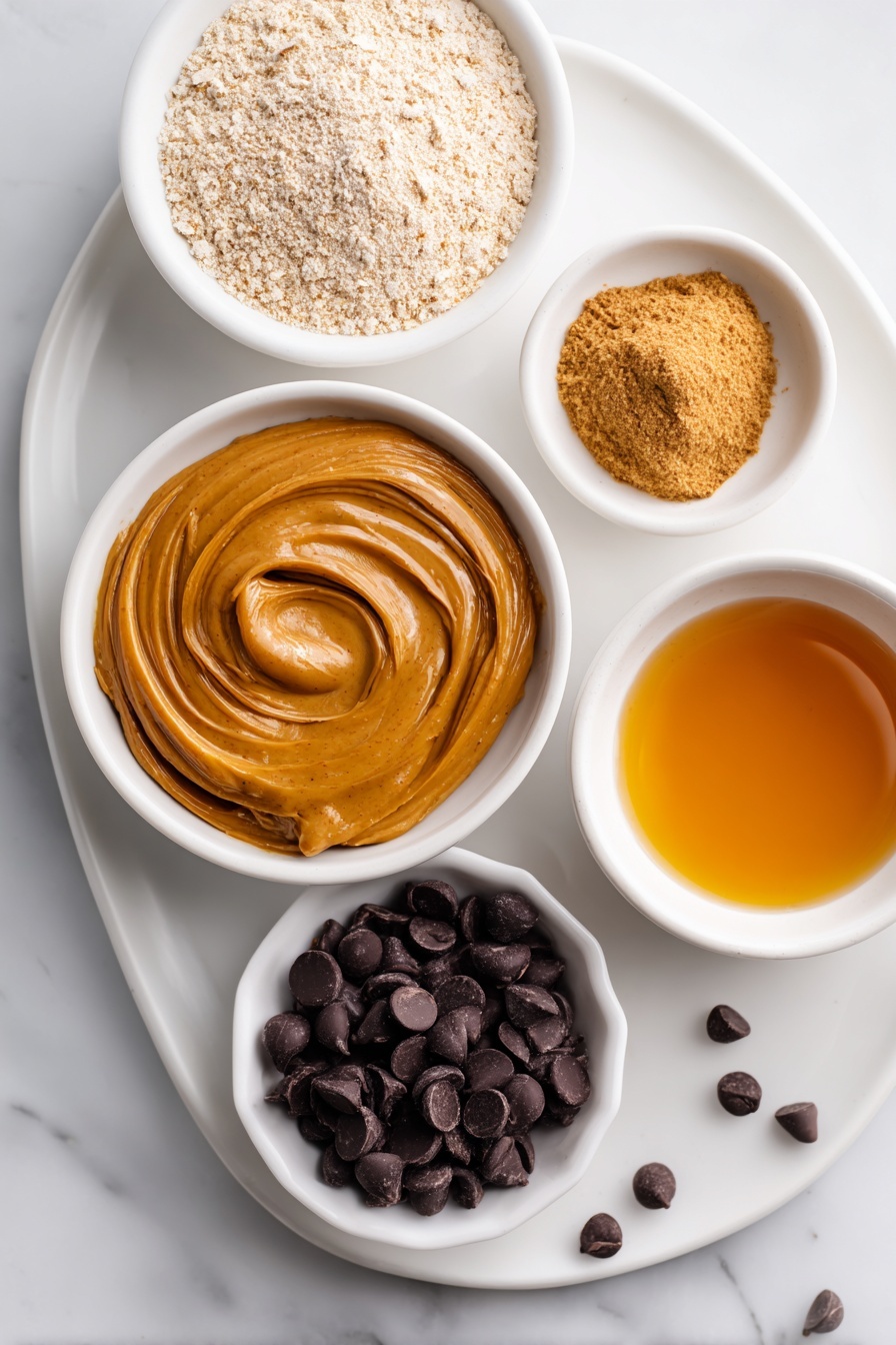 No Bake Peanut Butter Oat Cups, no bake oat snack, healthy peanut butter treats, simple no bake desserts, homemade peanut butter cups - Flat lay of a smooth swirl of natural peanut butter on a white ceramic plate, a small mound of finely ground oat flour in a white bowl, a small white bowl filled with golden maple syrup, a neat pile of shiny dark chocolate chips on a white dish, a small white bowl containing melted coconut oil, placed on a clean white marble surface, soft natural light, photo taken with an iPhone, professional food photography style, fresh ingredients, white ceramic bowls, no bottles, no duplicates, no utensils, no packaging --ar 2:3 --v 7 --p m7354615311229779997