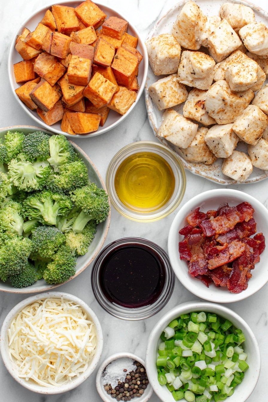 Buffalo Chicken Sweet Potato Casserole, buffalo chicken baked dish, spicy sweet potato casserole, healthy buffalo chicken dinner, cheesy buffalo chicken casserole - Flat lay of boneless chicken breasts cut into cubes, medium sweet potatoes with skin on cut into small cubes, fresh broccoli florets, small white bowl of bright orange buffalo sauce, small white bowl of golden avocado oil, small white bowl of coarse salt, small white bowl of black peppercorns, small white bowl of garlic powder, small white bowl of shredded cheddar cheese, small white bowl of chopped green onions, small white bowl of cooked turkey bacon pieces, small white bowl with a drizzle of creamy ranch dressing, all ingredients arranged in perfect symmetry on simple white ceramic dishes placed on a clean white marble surface, soft natural light, photo taken with an iPhone, professional food photography style, fresh ingredients, white ceramic bowls, no bottles, no duplicates, no utensils, no packaging --ar 2:3 --v 7 --p m7354615311229779997