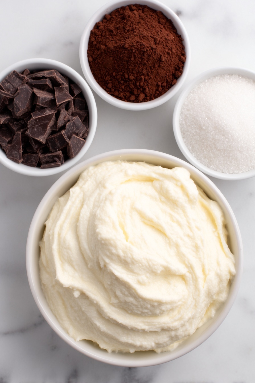 Chocolate Protein Fluff, healthy chocolate dessert, protein-packed snack, quick healthy treat, chocolate Greek yogurt dessert - Flat lay of a large white ceramic bowl filled with smooth creamy vanilla Greek yogurt, a small white bowl of rich dark chocolate protein powder, a small white bowl of fine unsweetened cocoa powder, a small white bowl containing granulated sugar, all ingredients fresh and natural, placed on a clean white marble surface, soft natural light, photo taken with an iPhone, professional food photography style, fresh ingredients, white ceramic bowls, no bottles, no duplicates, no utensils, no packaging --ar 2:3 --v 7 --p m7354615311229779997