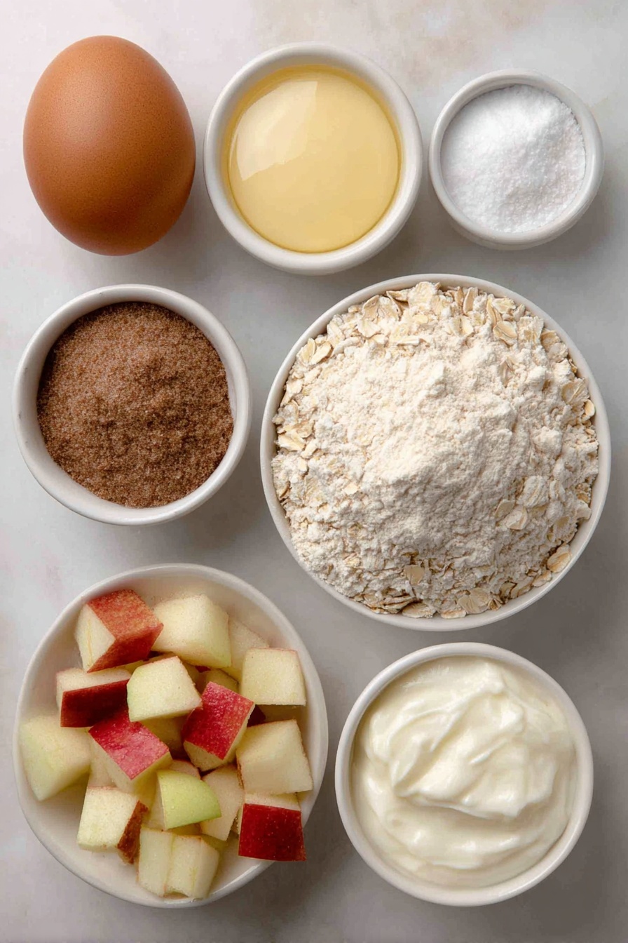 Healthy Apple Cinnamon Greek Yogurt Muffins, nutritious apple cinnamon muffins, wholesome Greek yogurt muffins, easy healthy breakfast muffins, best apple cinnamon muffins - Flat lay of a small mound of all-purpose flour, a neat pile of rolled oats, a small white ceramic bowl filled with creamy Greek yogurt, a small white ceramic bowl with fine white sugar, a small white ceramic bowl holding smooth apple sauce, one large whole uncracked brown egg, a small white ceramic bowl containing ground cinnamon, a small white ceramic bowl with baking powder, a small white ceramic bowl with baking soda, a small white ceramic bowl with coarse salt, a small pile of fresh diced red and green apple pieces all arranged with perfect symmetry on a clean white marble surface, soft natural light, photo taken with an iPhone, professional food photography style, fresh ingredients, white ceramic bowls, no bottles, no duplicates, no utensils, no packaging --ar 2:3 --v 7 --p m7354615311229779997