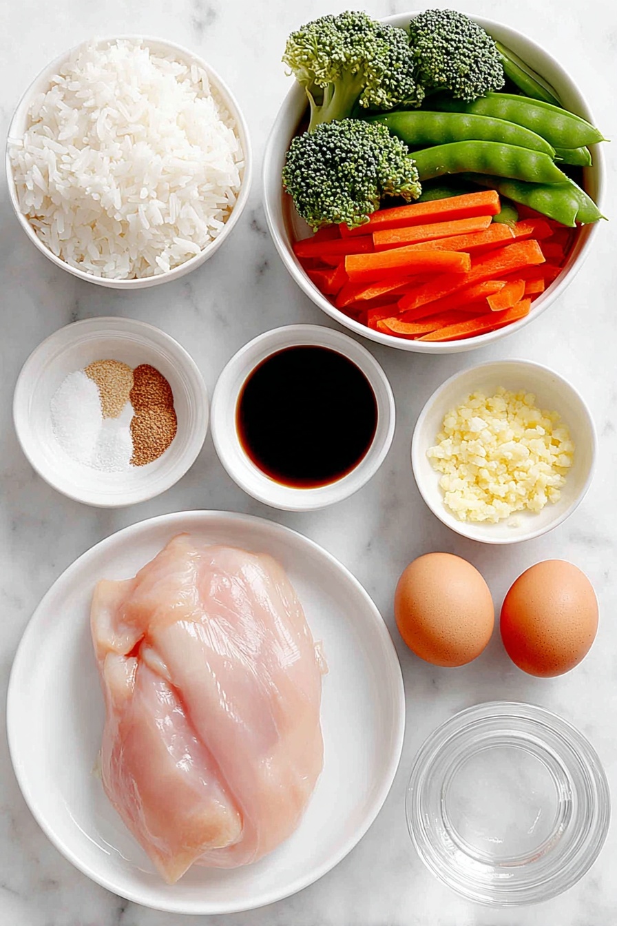 Easy Teriyaki Chicken Casserole, Teriyaki Chicken Bake, Healthy Chicken Casserole, Simple Chicken Dinner, Weeknight Chicken Recipes - Flat lay of a plump raw boneless skinless chicken breast, a handful of fresh stir-fry vegetables including bright green broccoli florets, thin orange carrot sticks, and crisp snow peas, a small mound of fluffy cooked white rice on a simple white ceramic plate, a small white bowl of dark soy sauce, a small white bowl of light brown granulated brown sugar, a small white bowl of clear water, a small white bowl containing pale yellow cornstarch powder, a small white bowl holding finely minced fresh garlic, a small white bowl with ground light brown ginger powder, and two whole uncracked brown eggs arranged symmetrically on a clean white marble surface, soft natural light, photo taken with an iPhone, professional food photography style, fresh ingredients, white ceramic bowls, no bottles, no duplicates, no utensils, no packaging --ar 2:3 --v 7 --p m7354615311229779997