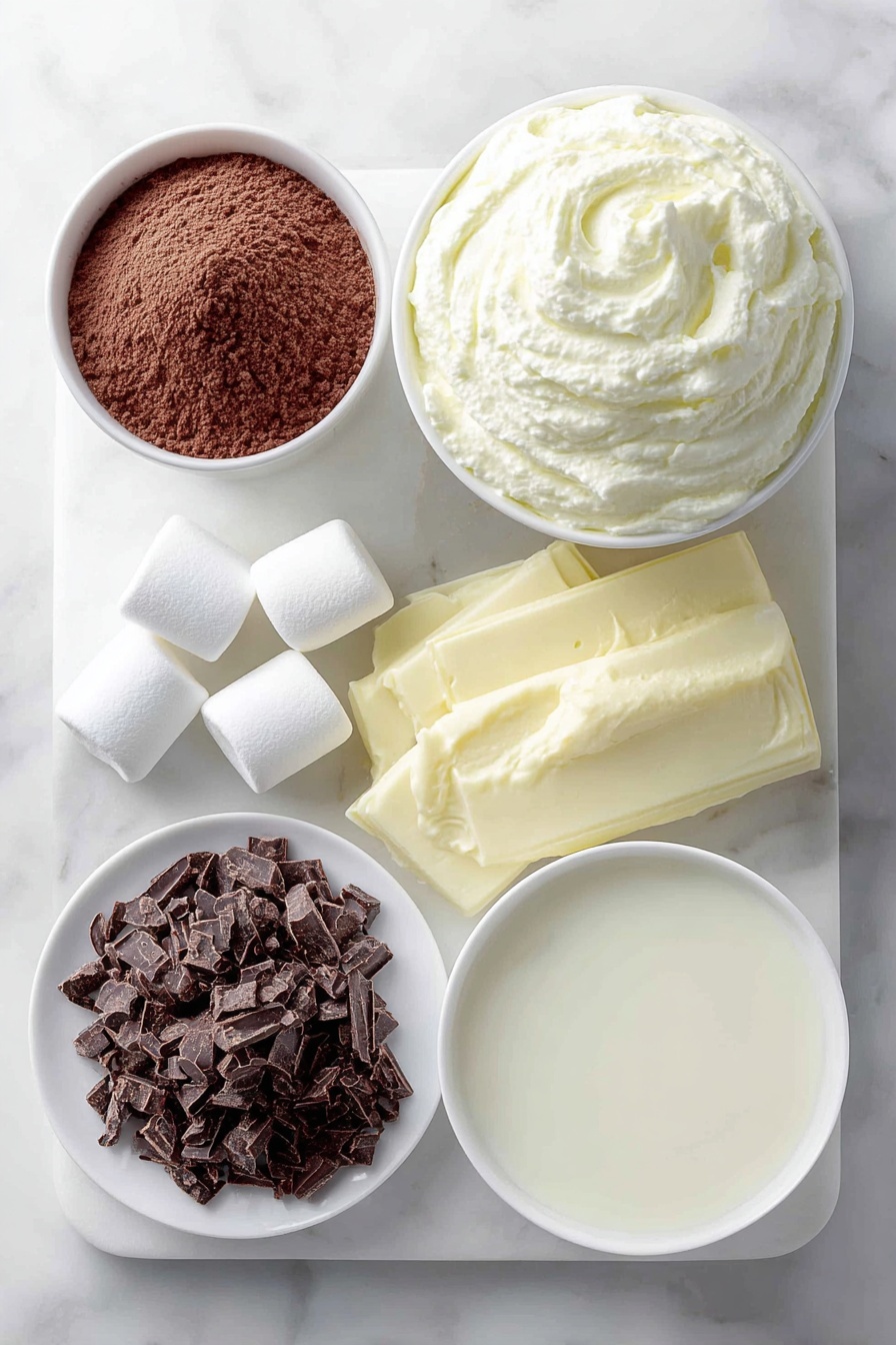 Whipped Hot Chocolate Drink, hot chocolate with whipped topping, cozy hot cocoa, quick hot chocolate recipe, indulgent winter drinks - Flat lay of a small white ceramic bowl of fine brown powdered hot chocolate mix, a few plump white marshmallows scattered nearby, a small white ceramic bowl filled with thick heavy whipping cream, a small white ceramic bowl containing smooth chocolate milk, and a small white ceramic plate with a neat pile of dark shaved chocolate curls, all arranged in perfect symmetry, placed on a clean white marble surface, soft natural light, photo taken with an iPhone, professional food photography style, fresh ingredients, white ceramic bowls, no bottles, no duplicates, no utensils, no packaging --ar 2:3 --v 7 --p m7354615311229779997