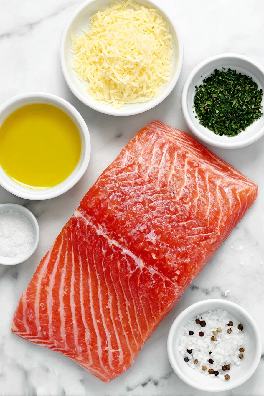 Crispy Parmesan Crusted Baked Salmon, baked salmon with Parmesan crust, easy salmon dinner, healthy baked salmon recipe, flavorful salmon dishes - Flat lay of a fresh, whole salmon fillet with vibrant pink flesh, a small white bowl of golden olive oil, another small white bowl filled with finely grated pale Parmesan cheese, a small white bowl holding bright yellow lemon juice, a small white bowl with dried green parsley flakes, a small white bowl containing off-white garlic powder, a small white bowl of coarse white salt crystals, and a small white bowl of cracked black peppercorns, all arranged symmetrically for perfect balance, placed on a clean white marble surface, soft natural light, photo taken with an iPhone, professional food photography style, fresh ingredients, white ceramic bowls, no bottles, no duplicates, no utensils, no packaging --ar 2:3 --v 7 --p m7354615311229779997