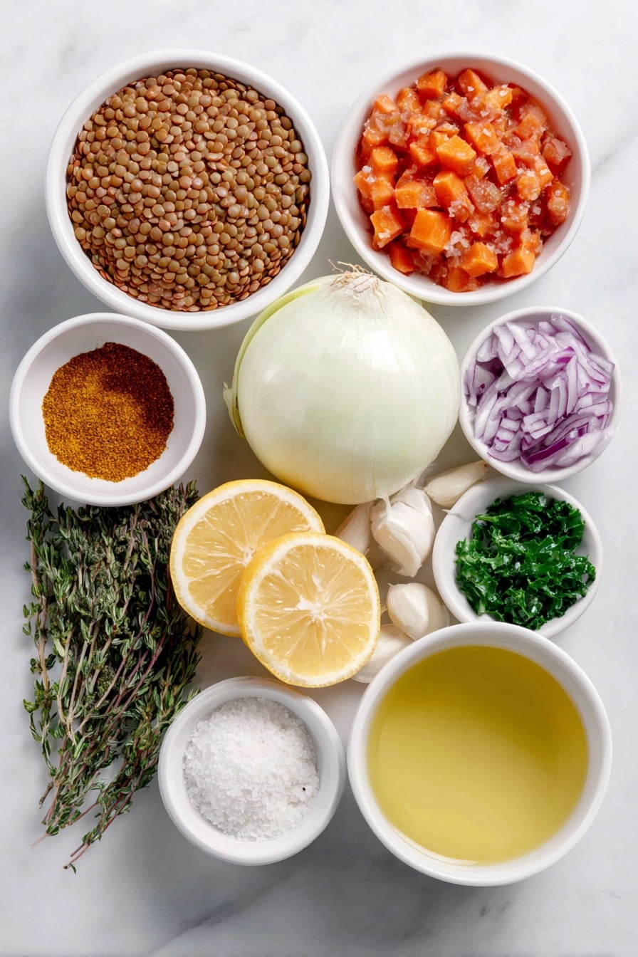 Hearty Lentil Soup with Kale and Spices, nourishing lentil soup, healthy kale and spice soup, comforting lentil and greens recipe, flavorful vegetarian soup - Flat lay of a small white ceramic bowl of extra virgin olive oil, a medium yellow onion peeled and chopped, two peeled and chopped fresh carrots, four whole garlic cloves, a small white bowl with ground cumin powder, a small white bowl with curry powder, a small white bowl with dried thyme, a simple white ceramic dish of diced ripe red tomatoes, a small white bowl filled with brown lentils, a small white bowl of clear vegetable broth, a small white bowl of water, a small white bowl of salt crystals, a small pinch of red pepper flakes on a white ceramic plate, freshly ground black pepper in a small white bowl, a handful of chopped fresh collard greens with ribs removed, and half a fresh medium lemon cut in half placed symmetrically, all arranged with perfect balance and symmetry, placed on a clean white marble surface, soft natural light, photo taken with an iPhone, professional food photography style, fresh ingredients, white ceramic bowls, no bottles, no duplicates, no utensils, no packaging --ar 2:3 --v 7 --p m7354615311229779997