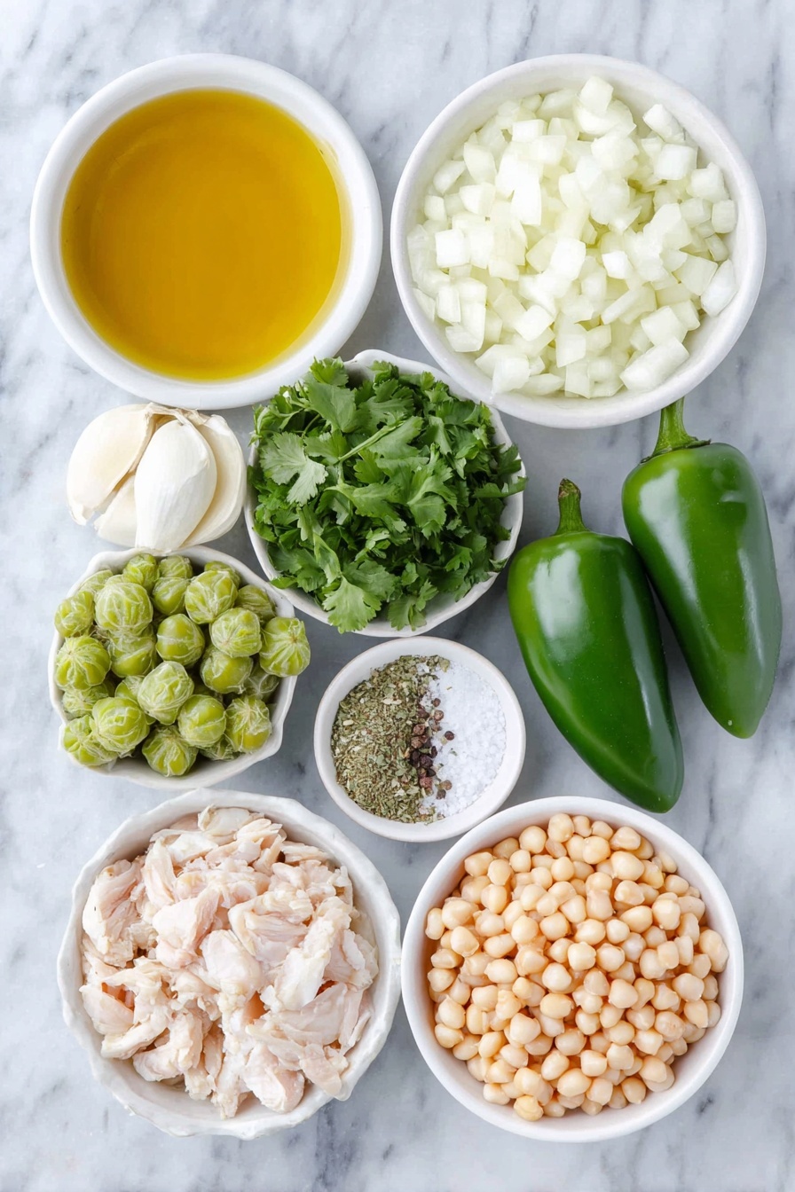 Chicken Pozole Verde Soup, Mexican green pozole, homemade pozole verde, hearty chicken soup, green pozole recipe - Flat lay of a small pool of golden olive oil in a simple white ceramic bowl, one large peeled and chopped white onion, one fresh green jalapeño pepper, two dark green poblano peppers, six cloves of garlic, peeled and whole, a small pile of bright green quartered tomatillos with papery husks removed, a small handful of fresh cilantro sprigs with leaves and tender stems, two teaspoons of dried oregano in a white ceramic bowl, two teaspoons of ground cumin in a white ceramic bowl, one teaspoon of ground coriander in a white ceramic bowl, one single fresh bay leaf, a small white bowl filled with coarse salt crystals, two skinless, boneless raw chicken thighs, one small white ceramic bowl of drained and rinsed hominy kernels, and a few whole black peppercorns scattered tastefully, all arranged symmetrically in balanced proportions on a clean white marble surface, soft natural light, photo taken with an iPhone, professional food photography style, fresh ingredients, white ceramic bowls, no bottles, no duplicates, no utensils, no packaging --ar 2:3 --v 7 --p m7354615311229779997