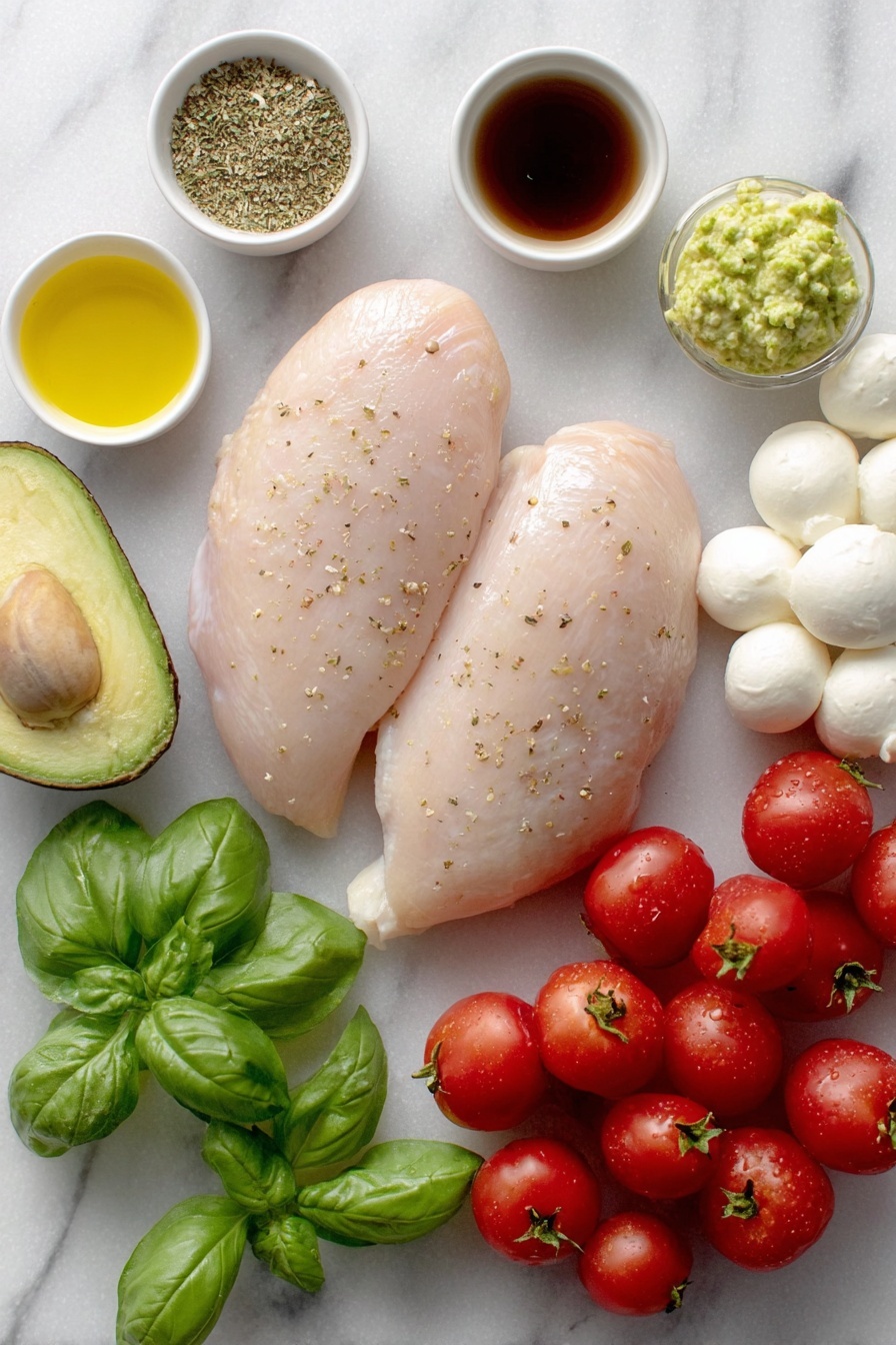 Balsamic Chicken with Tomato Mozzarella, Balsamic Chicken, Easy Balsamic Chicken recipe, One-pan Chicken dinner, Tomato Mozzarella chicken - Flat lay of two whole boneless, skinless chicken breasts, a small white ceramic bowl with deep brown balsamic vinegar, a small white bowl of golden honey, a small white bowl of light green avocado oil, two peeled garlic cloves, a small white bowl of mixed Italian seasoning herbs, a small white bowl of smooth Dijon mustard, a cluster of halved vibrant red grape tomatoes, fresh white mozzarella ciliegine balls, and a few bright green basil sprigs, all arranged with perfect symmetry on a clean white marble surface, soft natural light, photo taken with an iPhone, professional food photography style, fresh ingredients, white ceramic bowls, no bottles, no duplicates, no utensils, no packaging --ar 2:3 --v 7 --p m7354615311229779997