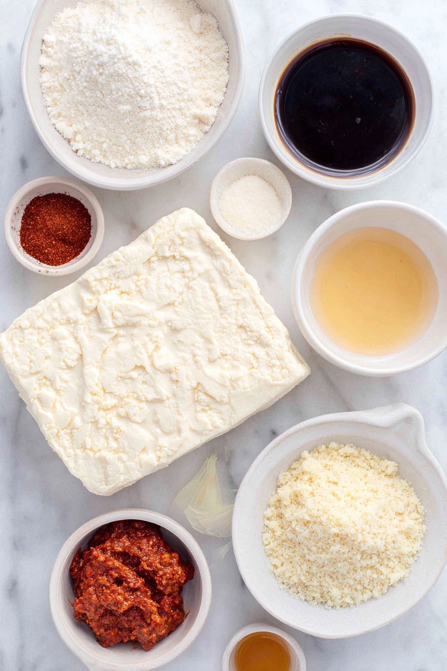 Crispy Gochujang Korean Tofu, Korean tofu stir-fry, spicy tofu recipe, vegan Korean dishes, crispy baked tofu - Flat lay of a fresh block of extra firm tofu, a small white bowl of dark tamari soy sauce, a small white bowl of pale cornstarch powder, a small white bowl filled with light golden gluten free breadcrumbs, a small white bowl of vibrant red gochujang chili paste, a small white bowl of deep red tomato paste, a small white bowl of clear vegetable broth, a small white bowl of golden honey, a small white bowl of toasted sesame oil, a small white bowl of translucent rice vinegar, a small white bowl of minced fresh garlic, a small white bowl of grated fresh ginger, a small white bowl with a white mixture of cornstarch and water, placed on a clean white marble surface, soft natural light, photo taken with an iPhone, professional food photography style, fresh ingredients, white ceramic bowls, no bottles, no duplicates, no utensils, no packaging --ar 2:3 --v 7 --p m7354615311229779997