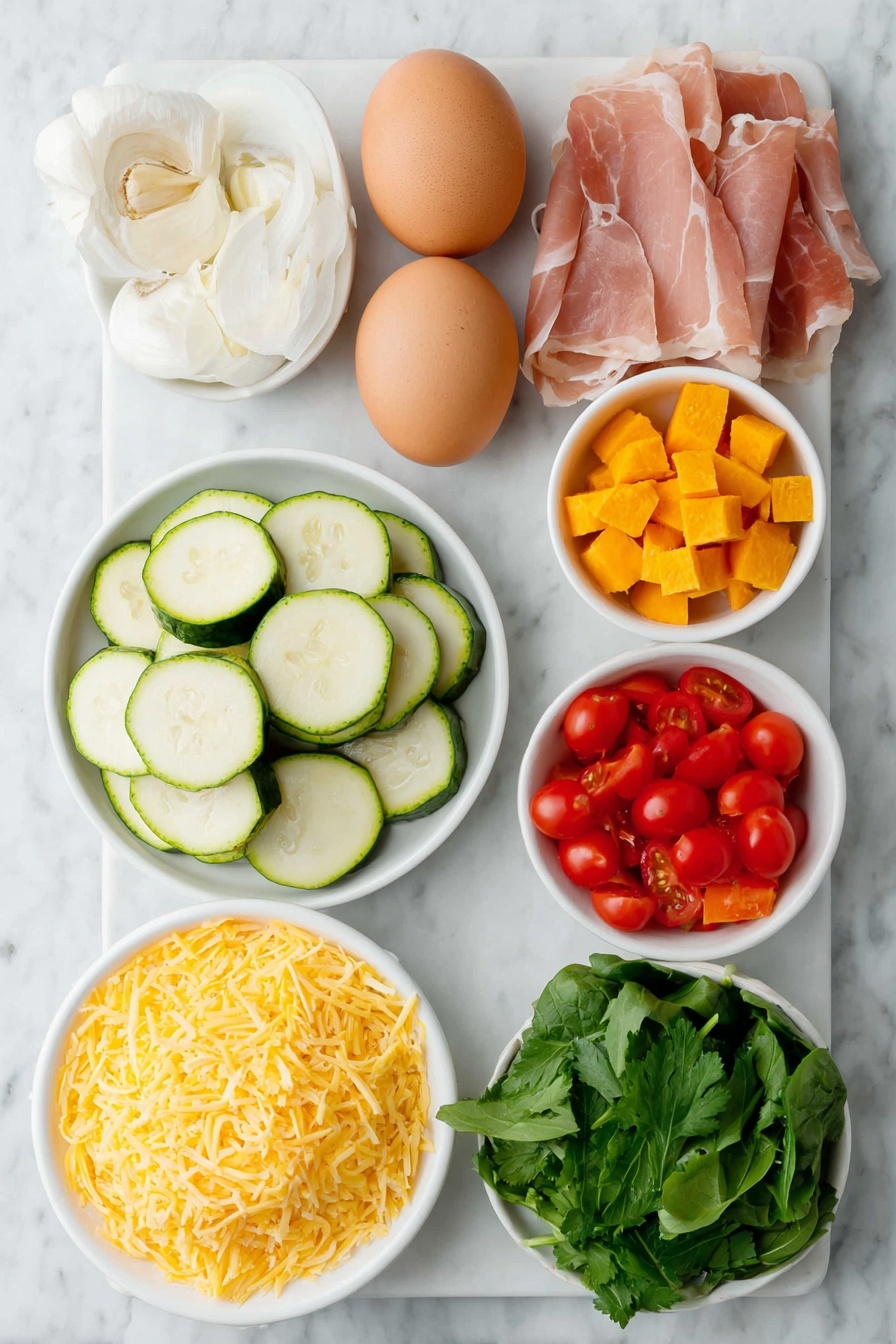 Vegetable Frittata, vegetable frittata recipe, healthy breakfast ideas, cheesy vegetable frittata, easy brunch recipes - Flat lay of two whole brown eggs with smooth shells, a small white ceramic bowl of fresh whole milk, a few sprigs of bright green fresh parsley, a small white bowl filled with shredded sharp orange cheddar cheese, one peeled garlic bulb with two cloves separated, half of a small red onion with neatly sliced rings visible, a small pile of chopped sweet potato cubes with vibrant orange color, evenly sliced light green zucchini rounds, several chopped pieces of glossy red bell pepper, a handful of roughly chopped fresh dark green spinach leaves, a small white bowl with halved ripe cherry tomatoes showing a bright red interior, a few pale quartered artichoke hearts, and four thin slices of rosy pink prosciutto all arranged symmetrically on simple white ceramic dishes and bowls, placed on a clean white marble surface, soft natural light, photo taken with an iPhone, professional food photography style, fresh ingredients, white ceramic bowls, no bottles, no duplicates, no utensils, no packaging --ar 2:3 --v 7 --p m7354615311229779997