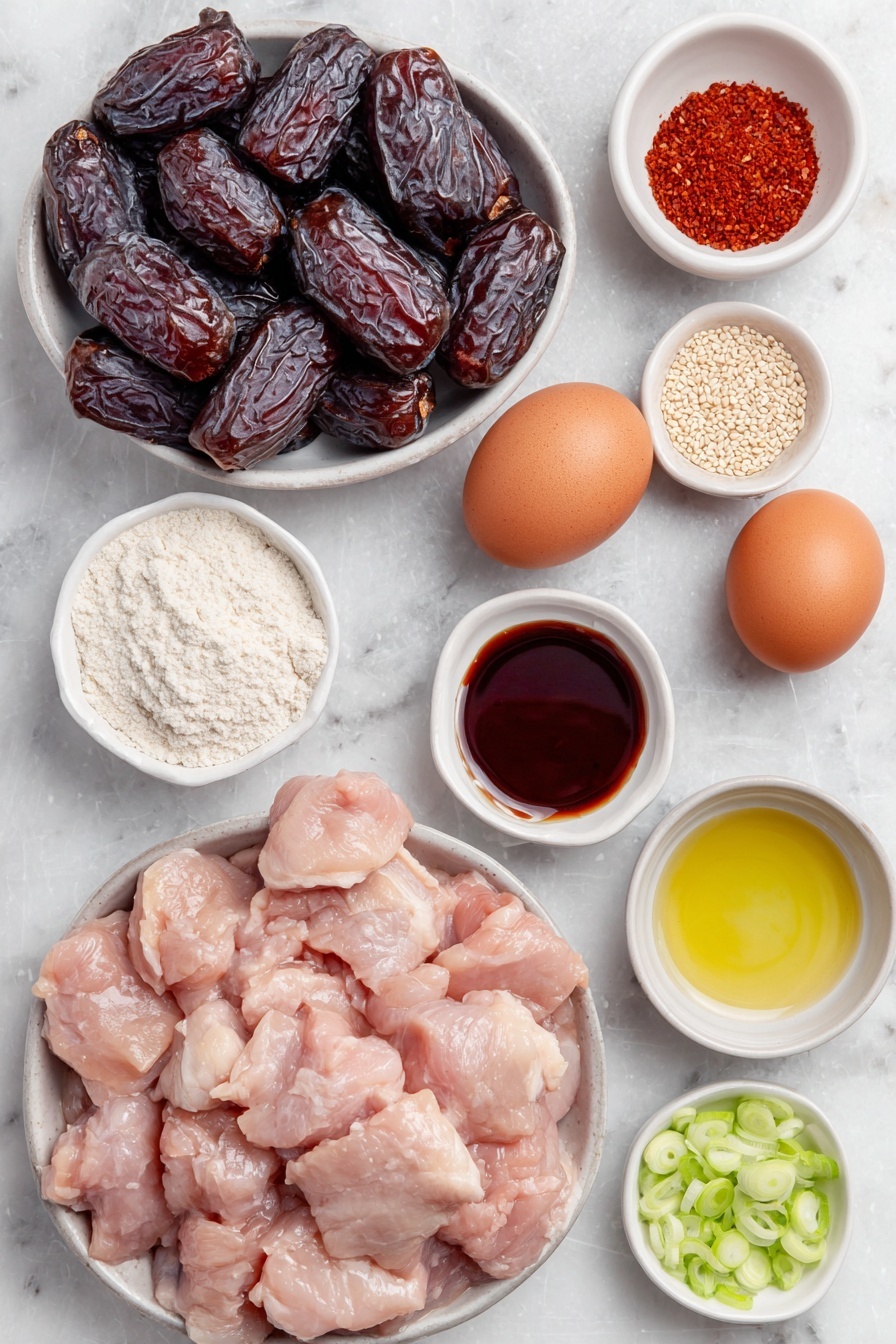 Paleo Sesame Chicken, healthy sesame chicken, gluten-free sesame chicken, paleo chicken stir-fry, clean eating sesame chicken - Flat lay of warm water in a small white bowl, five plump medjool dates, a small white bowl of coconut aminos, a small white bowl of rice vinegar, a small white bowl with arrowroot flour, a small white bowl of sesame oil, a small white bowl with garlic powder, a small white bowl with red pepper flakes, raw boneless skinless chicken thighs cut into bite-sized pieces, a small white bowl filled with tapioca flour mixed with salt and black pepper, two whole brown eggs with clean shells, a small white bowl of avocado oil, a small white bowl of sesame seeds, thinly sliced fresh scallions scattered neatly nearby, all arranged with perfect symmetry on a clean white marble surface, soft natural light, photo taken with an iPhone, professional food photography style, fresh ingredients, white ceramic bowls, no bottles, no duplicates, no utensils, no packaging --ar 2:3 --v 7 --p m7354615311229779997