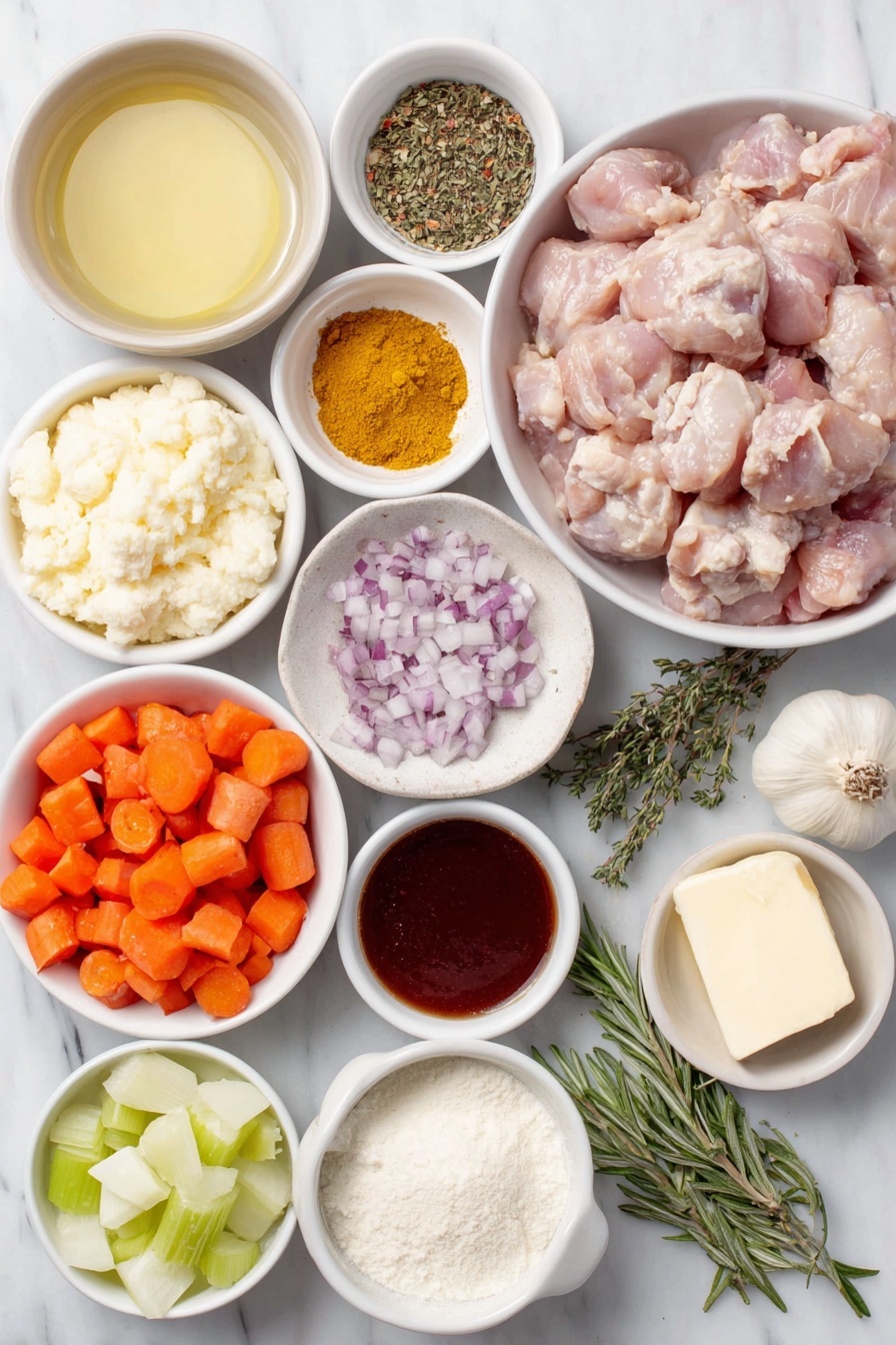 Creamy Chicken and Rice Soup, hearty chicken and rice soup, comforting chicken and rice recipe, easy creamy chicken soup, cozy chicken and rice dinner - Flat lay of boneless, skinless chicken thighs cut into bite-sized pieces in a simple white ceramic bowl, a small mound of kosher salt crystals on a white ceramic dish, a small white ceramic bowl with Italian seasoning blend, a small white ceramic bowl containing bright yellow mustard powder, a small white ceramic bowl filled with deep red paprika, a small white ceramic bowl with crushed red chili flakes, a few tablespoons of unsalted butter on a white ceramic plate, a medium yellow onion halved and diced on a white ceramic dish, three peeled and diced large carrots arranged neatly on a white ceramic plate, three stalks of fresh celery diced on a white ceramic dish, four whole fresh garlic cloves unpeeled on a white ceramic plate, fresh thyme sprigs, fresh rosemary sprigs both placed side by side on a white ceramic dish, a small heap of all-purpose flour on a white ceramic plate, a small white ceramic bowl filled with clear chicken broth, a small white ceramic bowl with creamy half and half, a small white ceramic bowl with dark soy sauce, a small white ceramic bowl with bright red hot sauce, a small pile of uncooked long grain white rice on a white ceramic plate, a wedge of Parmesan cheese with a small mound of cracked black peppercorns and fresh sprigs of parsley arranged gracefully on a white ceramic plate, all placed on a clean white marble surface, soft natural light, photo taken with an iPhone, professional food photography style, fresh ingredients, white ceramic bowls, no bottles, no duplicates, no utensils, no packaging --ar 2:3 --v 7 --p m7354615311229779997