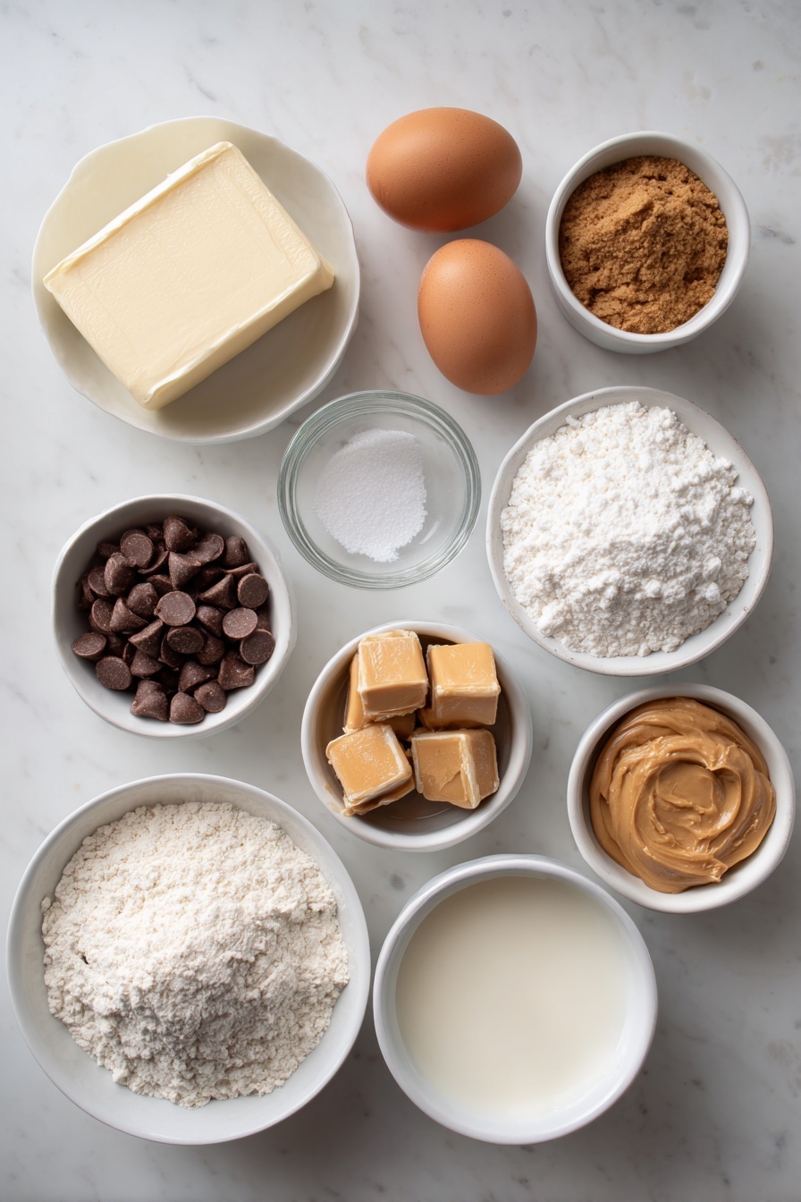 Chocolate Caramel Cookie Bars, how to make chocolate caramel cookie bars, easy chocolate caramel cookie bars recipe, decadent cookie bar dessert, caramel chocolate bars - Flat lay of a stick of softened butter, a small mound of packed brown sugar, a small mound of white granulated sugar, two whole uncracked brown eggs, a small white bowl of clear vanilla extract, a small heap of all-purpose flour, a small pile of baking soda powder, a small pile of salt, a small white bowl filled with milk chocolate chips, a small white bowl of unwrapped golden caramel chews, a small white bowl of pale creamy evaporated milk, a small white bowl of smooth light brown peanut butter, all arranged with perfect symmetry on a clean white marble surface, soft natural light, photo taken with an iPhone, professional food photography style, fresh ingredients, white ceramic bowls, no bottles, no duplicates, no utensils, no packaging --ar 2:3 --v 7 --p m7354615311229779997