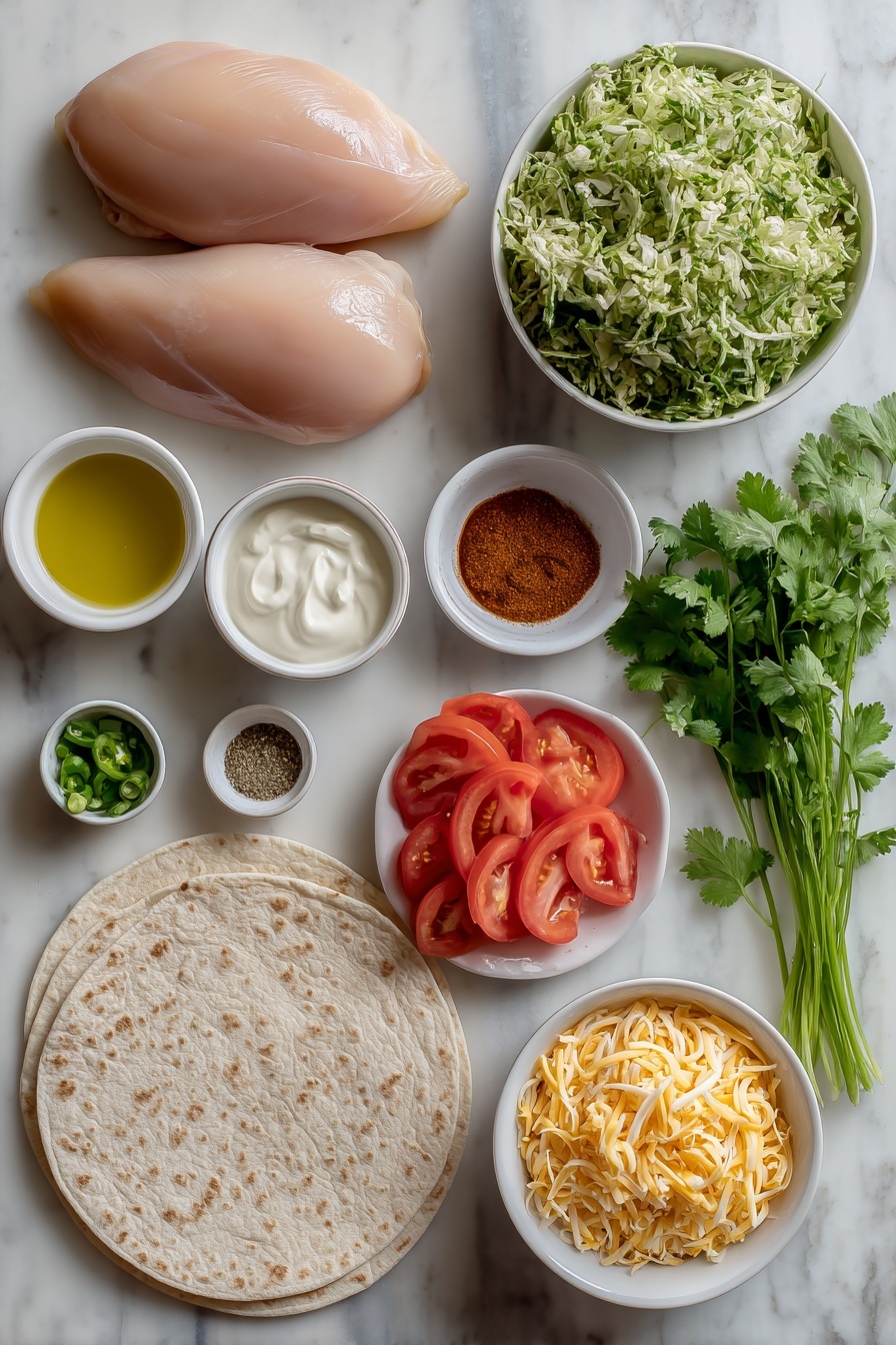 Grilled Chicken Wrap with BBQ and Coleslaw, easy grilled chicken wrap, BBQ chicken wrap recipe, healthy chicken wrap, flavorful lunch ideas - Flat lay of two whole boneless skinless chicken breasts, a small white bowl of olive oil, a small white bowl containing mixed paprika, onion powder, garlic powder, oregano, and cayenne pepper, two whole large whole wheat tortillas, a small white bowl of plain Greek yogurt, a small white bowl of BBQ sauce, a pile of fresh broccoli slaw mix, a few sprigs of fresh cilantro, a few stalks of green onion finely sliced, a small white bowl of shredded cheddar cheese, chopped romaine lettuce leaves, and six fresh tomato slices, all arranged with perfect symmetry on a clean white marble surface, soft natural light, photo taken with an iPhone, professional food photography style, fresh ingredients, white ceramic bowls, no bottles, no duplicates, no utensils, no packaging --ar 2:3 --v 7 --p m7354615311229779997