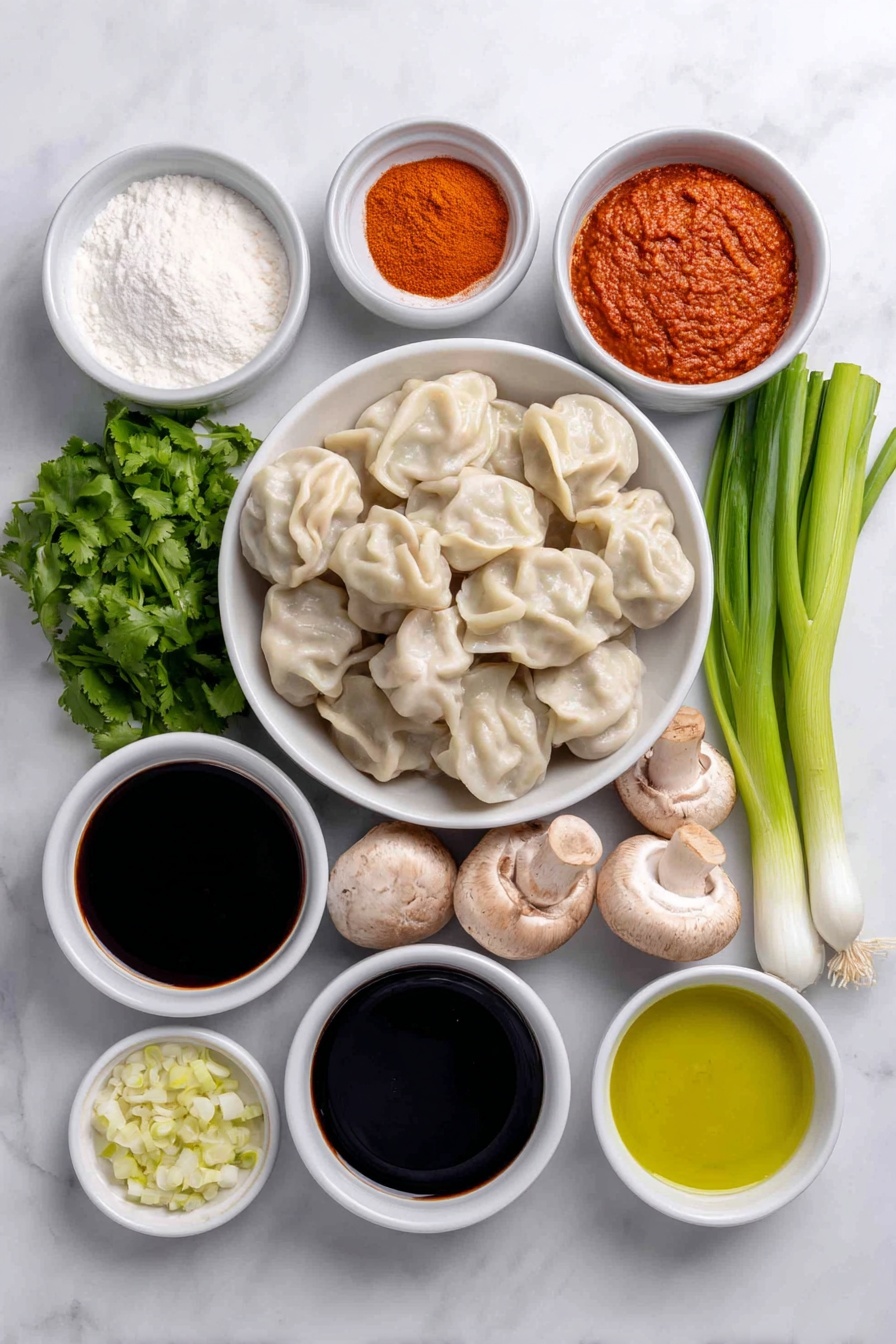 Coconut Curry Soup with Vegan Dumplings, vegan coconut curry soup, Thai-inspired vegan soup, quick vegan soup recipes, hearty vegan soup with dumplings - Flat lay of a small white ceramic bowl of red Thai curry paste, a small white ceramic bowl of full-fat coconut milk, a small white ceramic bowl of vegetable broth, a small white ceramic bowl of soy sauce, a small white ceramic bowl of avocado oil, a small white ceramic bowl of sugar, a small white ceramic bowl of salt, a small white ceramic bowl of minced garlic, a small bunch of fresh cilantro with bright green leaves, a small bunch of scallions with white bulbs and green tops, several whole cremini mushrooms with smooth brown caps, a small heap of diced white onion, a neat pile of frozen vegan dumplings with translucent skins, a small white ceramic bowl of chili oil, and a small white ceramic bowl of crunchy garlic pieces, all arranged with perfect symmetry and realistic proportions, placed on a clean white marble surface, soft natural light, photo taken with an iPhone, professional food photography style, fresh ingredients, white ceramic bowls, no bottles, no duplicates, no utensils, no packaging --ar 2:3 --v 7 --p m7354615311229779997