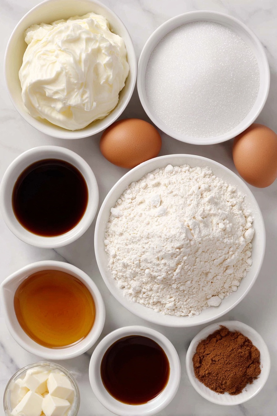 Brown Butter Snickerdoodle Cookies, Best Snickerdoodle Cookies, Soft Chewy Cinnamon Cookies, Easy Brown Butter Cookies, Holiday Cookie Recipes - Flat lay of a small mound of all-purpose flour, a few white ceramic bowls containing cream of tartar, cornstarch, baking soda, baking powder, and salt, a small white ceramic bowl with melted browned butter showing a golden amber color, a heap of white granulated sugar, two whole uncracked brown eggs, a small white ceramic bowl of vanilla extract, and a small white ceramic bowl with a mixture of white sugar and ground cinnamon, all arranged symmetrically and balanced, placed on a clean white marble surface, soft natural light, photo taken with an iPhone, professional food photography style, fresh ingredients, white ceramic bowls, no bottles, no duplicates, no utensils, no packaging --ar 2:3 --v 7 --p m7354615311229779997