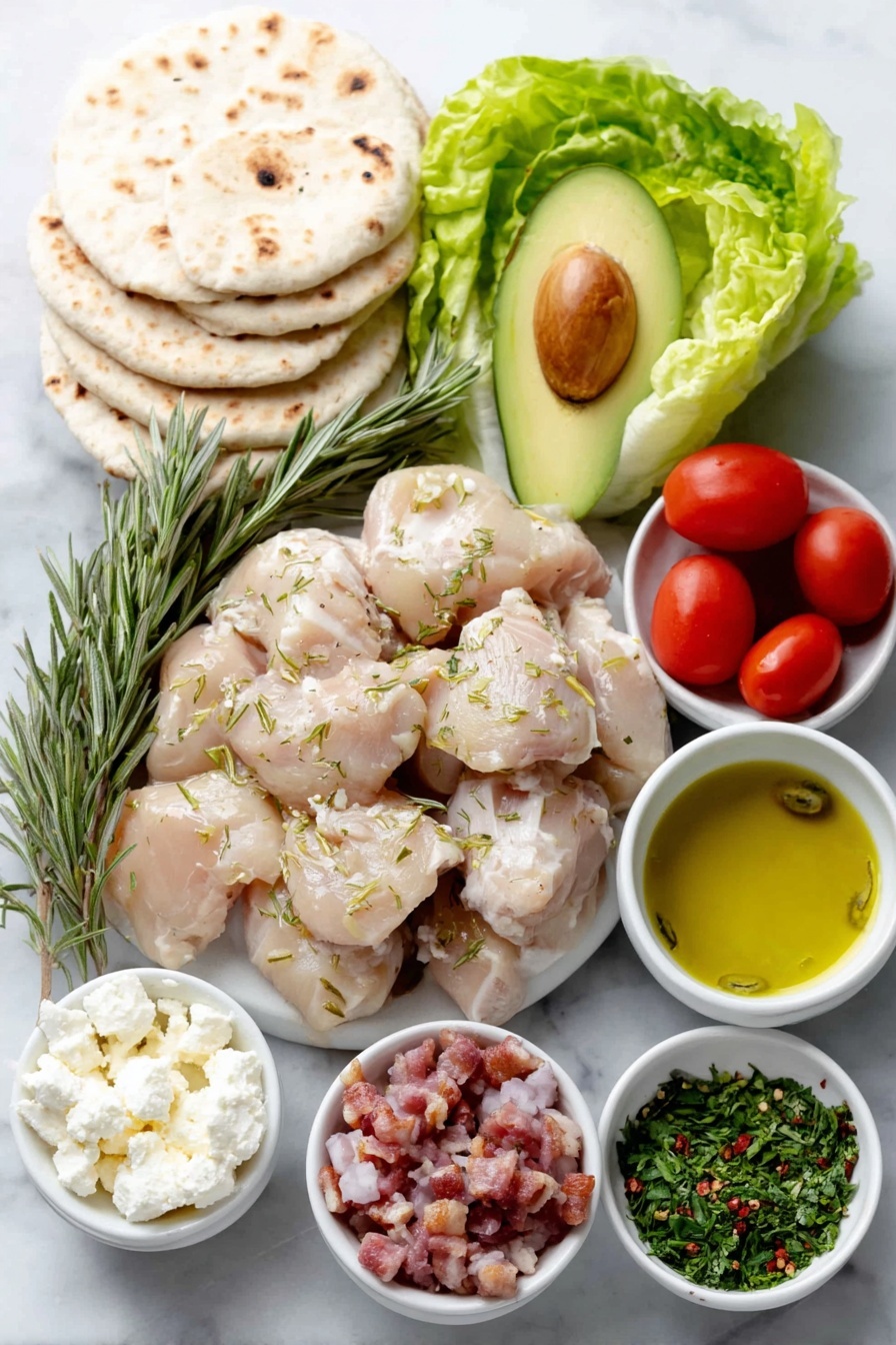 Rosemary Chicken and Avocado Bacon Pitas, flavorful pita recipes, quick weeknight dinner ideas, healthy chicken pitas, bacon avocado sandwiches - Flat lay of boneless skinless chicken breast pieces, a small bunch of fresh rosemary sprigs, a whole shallot with its papery skin, two whole cloves of garlic, a ripe avocado diced, four thick slices of cooked bacon crumbled, four fresh round pita breads, crisp green lettuce leaves, halved ripe red tomatoes, a small white ceramic bowl of extra virgin olive oil, a small white ceramic bowl of lemon juice, lemon wedges quartered, a small white ceramic bowl of crumbled feta cheese, a small white ceramic bowl of honey, a small white ceramic bowl with red pepper flakes, a small white ceramic bowl of mixed fresh herbs such as dill, basil, and parsley placed on a clean white marble surface, soft natural light, photo taken with an iPhone, professional food photography style, fresh ingredients, white ceramic bowls, no bottles, no duplicates, no utensils, no packaging --ar 2:3 --v 7 --p m7354615311229779997