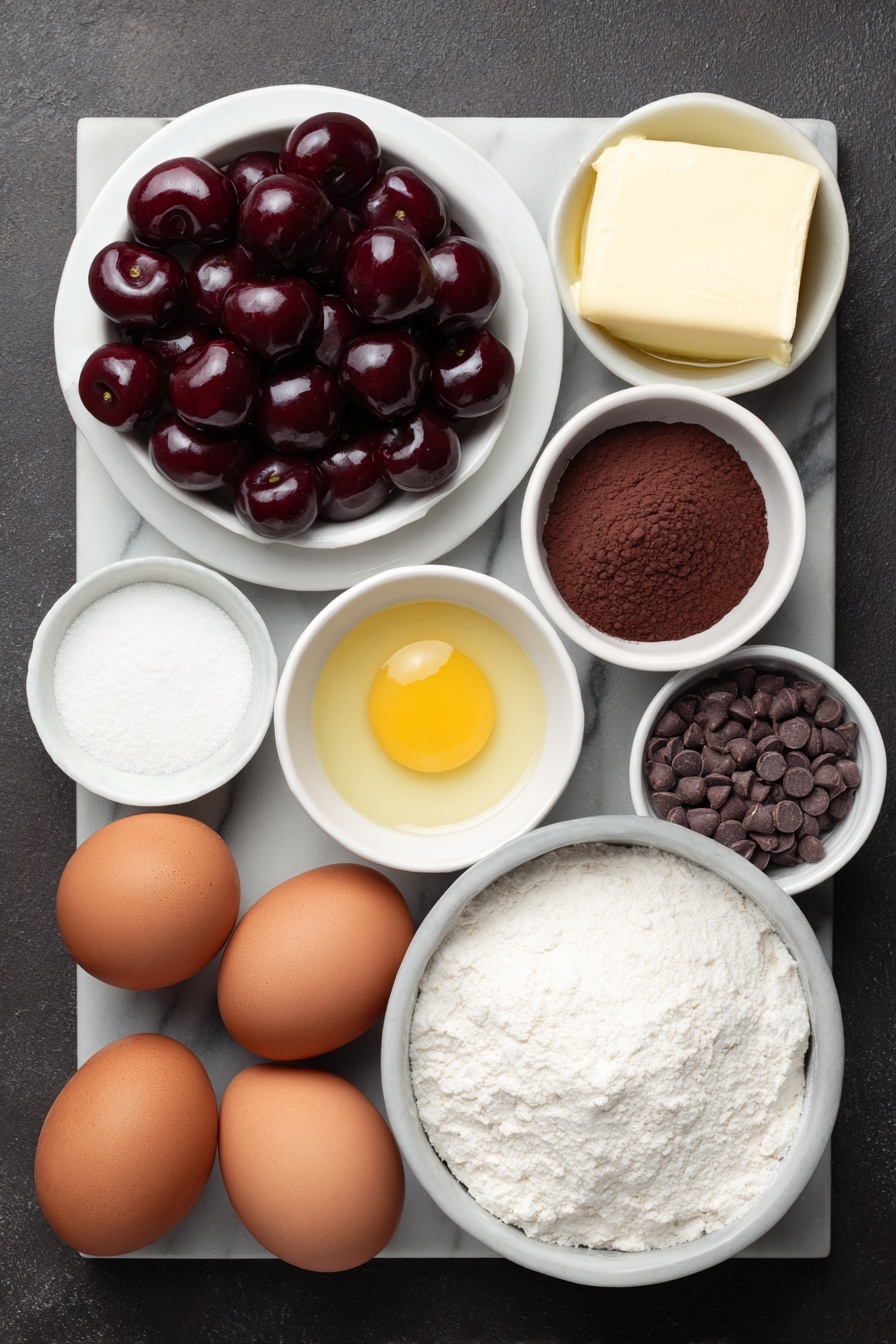 Chocolate Cherry Brownies, cherry brownies recipe, fudgy cherry chocolate brownies, roasted cherry brownies, easy cherry brownie dessert - Flat lay of fresh halved cherries with vibrant red flesh arranged beside a small white ceramic bowl of white granulated sugar, two large whole brown eggs and a single whole brown egg yolk resting on a simple white ceramic plate, a small white ceramic bowl holding smooth melted unsalted butter, another small white ceramic bowl filled with clear light vegetable oil, a small white ceramic bowl of dark brown Dutch process cocoa powder, a small white ceramic bowl of all-purpose flour, a small white ceramic bowl containing fine white cornstarch, a small white ceramic bowl with white salt grains, and a small white ceramic bowl brimming with glossy semi-sweet chocolate chips, all ingredients spaced evenly and symmetrically placed on a clean white marble surface, soft natural light, photo taken with an iPhone, professional food photography style, fresh ingredients, white ceramic bowls, no bottles, no duplicates, no utensils, no packaging --ar 2:3 --v 7 --p m7354615311229779997
