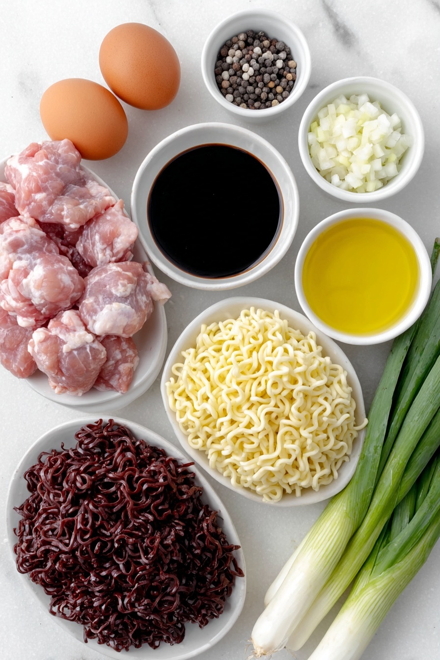 Ginger Scallion Chicken Noodle Soup, chicken noodle soup with ginger and scallions, healthy Asian chicken soup, flavorful homemade chicken noodle soup, comforting Asian-inspired soup - Flat lay of boneless skinless chicken thighs with natural pink hues, thinly sliced garlic cloves, a small pile of finely chopped ginger root, divided scallion whites and scallion greens fresh and vibrant, whole uncracked brown eggs nearby, a small white ceramic bowl of black rice vinegar, another bowl of deep brown soy sauce, a third bowl with golden toasted sesame oil, a few thin matchstick-cut orange carrot sticks, a neat bundle of dried ramen noodles with curly strands, sprinkled kosher salt crystals, and a small heap of freshly ground black and white peppercorns placed symmetrically on simple white ceramic bowls and plates, all arranged in perfect balance placed on a clean white marble surface, soft natural light, photo taken with an iPhone, professional food photography style, fresh ingredients, white ceramic bowls, no bottles, no duplicates, no utensils, no packaging --ar 2:3 --v 7 --p m7354615311229779997