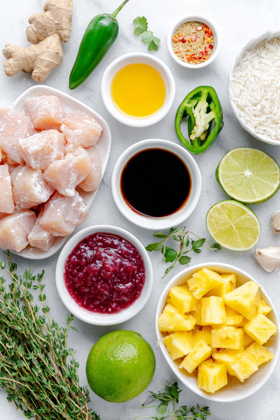 Quick Pineapple Chicken with Coconut Rice, tropical chicken dinner, easy pineapple chicken recipe, quick weeknight meals, coconut rice recipes - Flat lay of boneless skinless chicken breast pieces arranged neatly, a small white bowl of low-sodium soy sauce, a small white bowl filled with golden pineapple juice, a small white bowl holding light brown granulated brown sugar, a small white bowl with vibrant red ketchup, a whole fresh shallot, unpeeled and chopped garlic cloves scattered, a small mound of grated ginger, a small pinch of red pepper flakes on white ceramic, a small white bowl of amber sesame oil, fresh bright green cilantro sprigs, fresh golden pineapple chunks, a halved jalapeño with seeds removed beside chopped pieces, a whole lime halved to show juicy interior, fresh thyme leaves, a ripe avocado diced with green and creamy textures visible, uncooked basmati rice grains arranged in a small white bowl, a simple white bowl containing creamy white coconut milk, all ingredients laid out with perfect symmetry on a clean white marble surface, soft natural light, photo taken with an iPhone, professional food photography style, fresh ingredients, white ceramic bowls, no bottles, no duplicates, no utensils, no packaging --ar 2:3 --v 7 --p m7354615311229779997