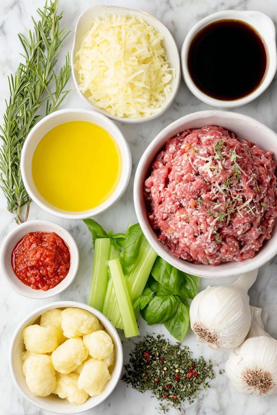 Gnocchi Bolognese, homemade gnocchi with Bolognese sauce, easy Italian gnocchi recipe, comforting Bolognese pasta, hearty gnocchi dish - Flat lay of a small pool of golden olive oil in a simple white ceramic bowl, a medium yellow onion finely diced forming a neat pile, a medium orange carrot finely diced in a small mound, two fresh celery stalks cut into small pieces arranged in a neat cluster, two large whole garlic cloves unpeeled and clean, a small heap of raw lean ground beef shaped naturally, a small white bowl filled with deep red dry red wine, a small dollop of vibrant red tomato paste on a white plate, a few sprigs of fresh green thyme finely chopped, a sprig of fresh rosemary finely chopped, a small pinch of red chili flakes scattered delicately, two bright red ripe crushed tomatoes showing natural texture in a white bowl, a small white bowl filled with rich brown beef stock, two dried bay leaves whole and unblemished, a pile of light, pillowy potato gnocchi, a small heap of finely grated pale yellow Parmesan cheese, and several bright green fresh basil leaves roughly arranged—all placed on a clean white marble surface, soft natural light, photo taken with an iPhone, professional food photography style, fresh ingredients, white ceramic bowls, no bottles, no duplicates, no utensils, no packaging --ar 2:3 --v 7 --p m7354615311229779997