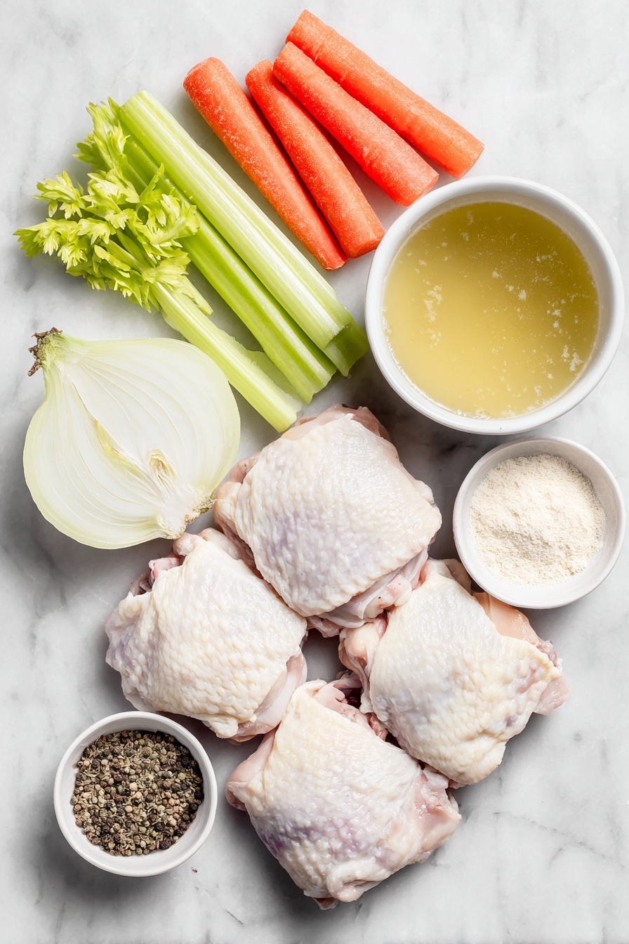 Slow Cooker Chicken Pot Roast, hearty chicken crockpot meal, easy slow cooker dinner, comforting chicken stew, flavorful chicken pot roast - Flat lay of boneless skinless chicken thighs arranged neatly, a few bright orange carrot slices, fresh green celery stalks sliced, a halved white onion with visible layers, a small white ceramic bowl filled with golden chicken stock, another small white bowl containing a fine light brown powder blend representing au jus and chicken gravy mix, a small white bowl with a pale beige powder for garlic powder, a similar bowl with fine off-white onion powder, and a tiny white bowl holding coarse black pepper, all placed symmetrically on a clean white marble surface, soft natural light, photo taken with an iPhone, professional food photography style, fresh ingredients, white ceramic bowls, no bottles, no duplicates, no utensils, no packaging --ar 2:3 --v 7 --p m7354615311229779997