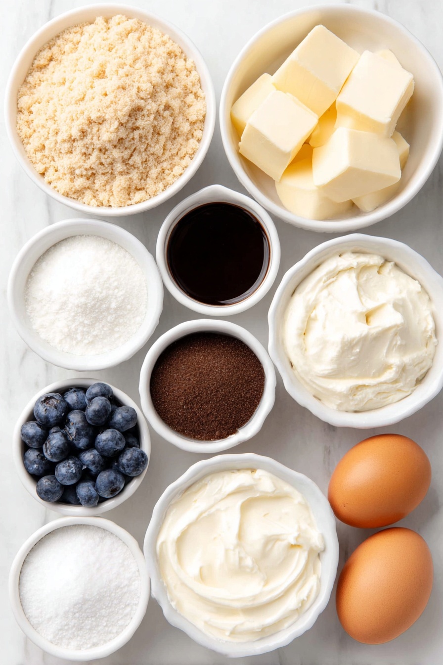 Blueberry Cheesecake with Crumble Topping, blueberry cheesecake, berry dessert recipes, easy cheesecake recipes, fruit dessert ideas - Flat lay of fresh digestive cracker crumbs in a simple white ceramic bowl, a small white bowl with granulated sugar, a small white bowl with all-purpose flour, a few cubes of golden butter, a handful of fresh blueberries, a small white bowl with dark brown sugar, a small white bowl holding smooth full fat cream cheese, a small white bowl of creamy sour cream, a small white bowl of cornstarch, two whole uncracked large brown eggs, a small white bowl with freshly squeezed lemon juice, and a small white bowl with vanilla extract, all neatly arranged in perfect symmetry, placed on a clean white marble surface, soft natural light, photo taken with an iPhone, professional food photography style, fresh ingredients, white ceramic bowls, no bottles, no duplicates, no utensils, no packaging --ar 2:3 --v 7 --p m7354615311229779997