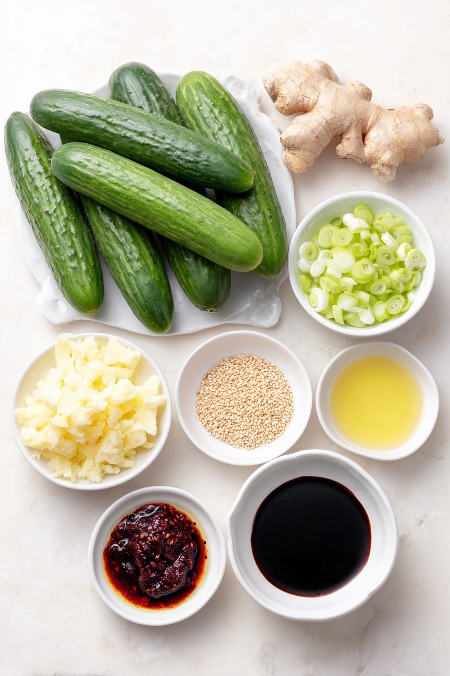 Asian Cucumber Salad, cucumber salad recipe, Asian side dish, crunchy cucumber salad, quick healthy salad - Flat lay of fresh whole English cucumbers, thinly sliced scallions scattered beside, a small pile of finely grated fresh ginger root, a single peeled garlic clove minced finely, small white ceramic bowls each holding clear rice vinegar, dark soy sauce, golden toasted sesame oil, amber maple syrup, and bright red chili garlic sauce, a few scattered toasted sesame seeds next to the bowls, all arranged with perfect symmetry on a clean white marble surface, soft natural light, photo taken with an iPhone, professional food photography style, fresh ingredients, white ceramic bowls, no bottles, no duplicates, no utensils, no packaging --ar 2:3 --v 7 --p m7354615311229779997
