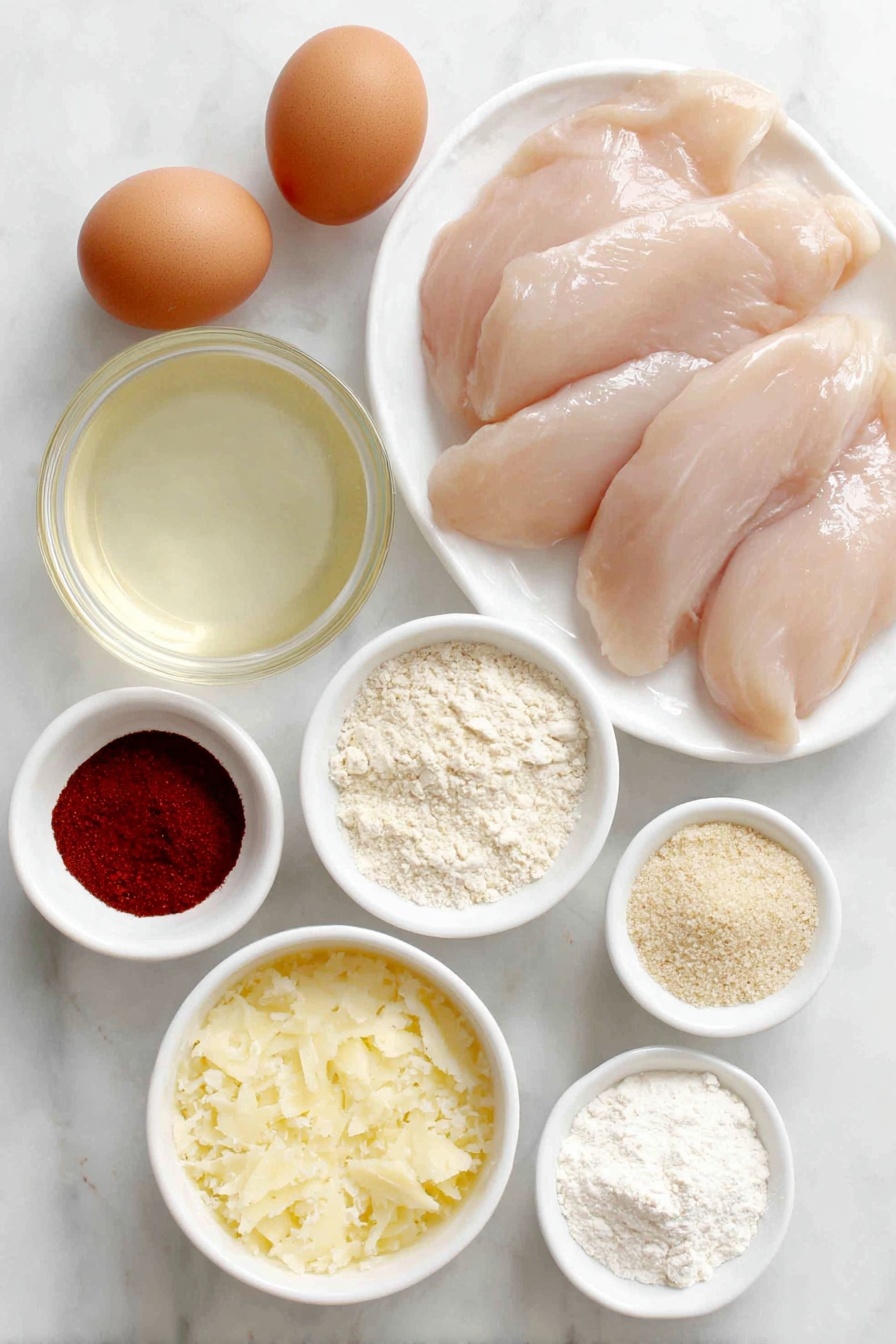 Crispy Dill Pickle Parmesan Chicken, crispy chicken with dill pickle marinade, cheesy Parmesan crust chicken, tangy pickle chicken recipe, easy fried chicken with Parmesan - Flat lay of fresh boneless, skinless chicken breasts arranged neatly next to a small white ceramic bowl filled with clear dill pickle juice, a small white bowl containing seasoned golden breadcrumbs mixed with grated Parmesan, a small white bowl of fine all-purpose flour, two whole large brown eggs with clean shells, and a small white bowl holding a pale yellow whisked egg mixture, a small white bowl of vibrant reddish paprika powder, another small white bowl with a light beige garlic powder, and a small white bowl with off-white onion powder, all ingredients placed symmetrically and balanced on a clean white marble surface, soft natural light, photo taken with an iPhone, professional food photography style, fresh ingredients, white ceramic bowls, no bottles, no duplicates, no utensils, no packaging --ar 2:3 --v 7 --p m7354615311229779997